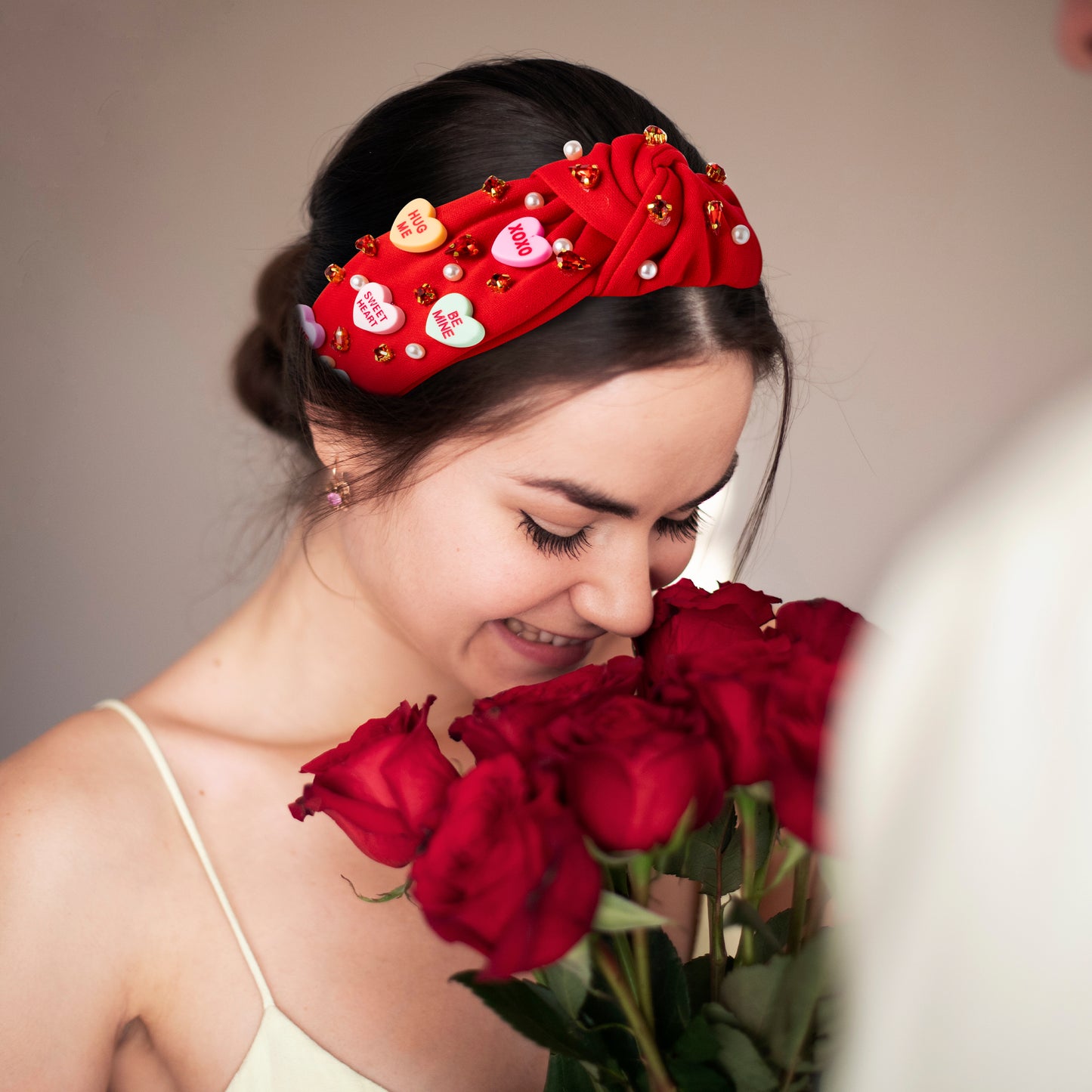 Y1tvei Valentine's Day Knotted Headband - Red Conversation XOXO Heart Love Crystal Rhinestone Headband Wide Top Knot Fashion Headband Non Slip Trendy Holiday Hair Accessories Gift for Women Lover