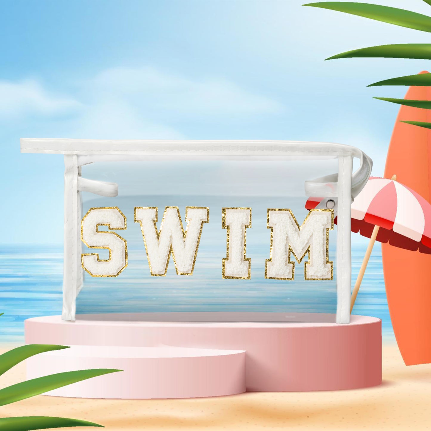 Y1tvei Clear SWIM Makeup Bag - Preppy White SWIM Chenille Varsity Letter Patch Cosmetic Bag Large PVC Transparent Waterproof Sunscreen Beach Pool Summer Travel Makeup Toiletry Pouch for Swimmer(White)