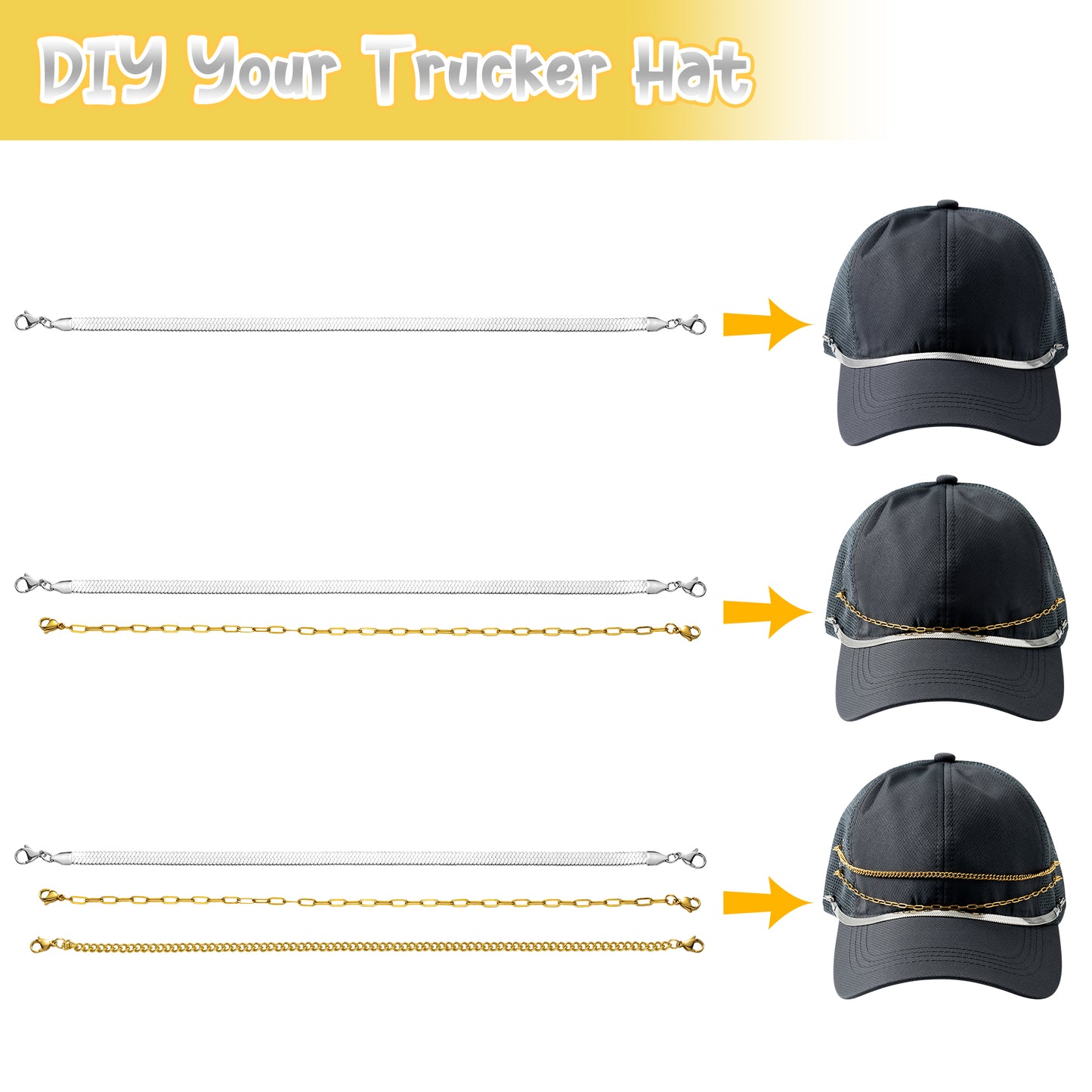 Y1tvei Gold Trucker Hat Chains - 3Pcs Gold Plated Stainless Steels Trucker Hat Chains Bill Decoration, DIY Mesh Baseball Cap Hat Chains Jewelry Accessories Charms Gift for Women Men Party Supplies