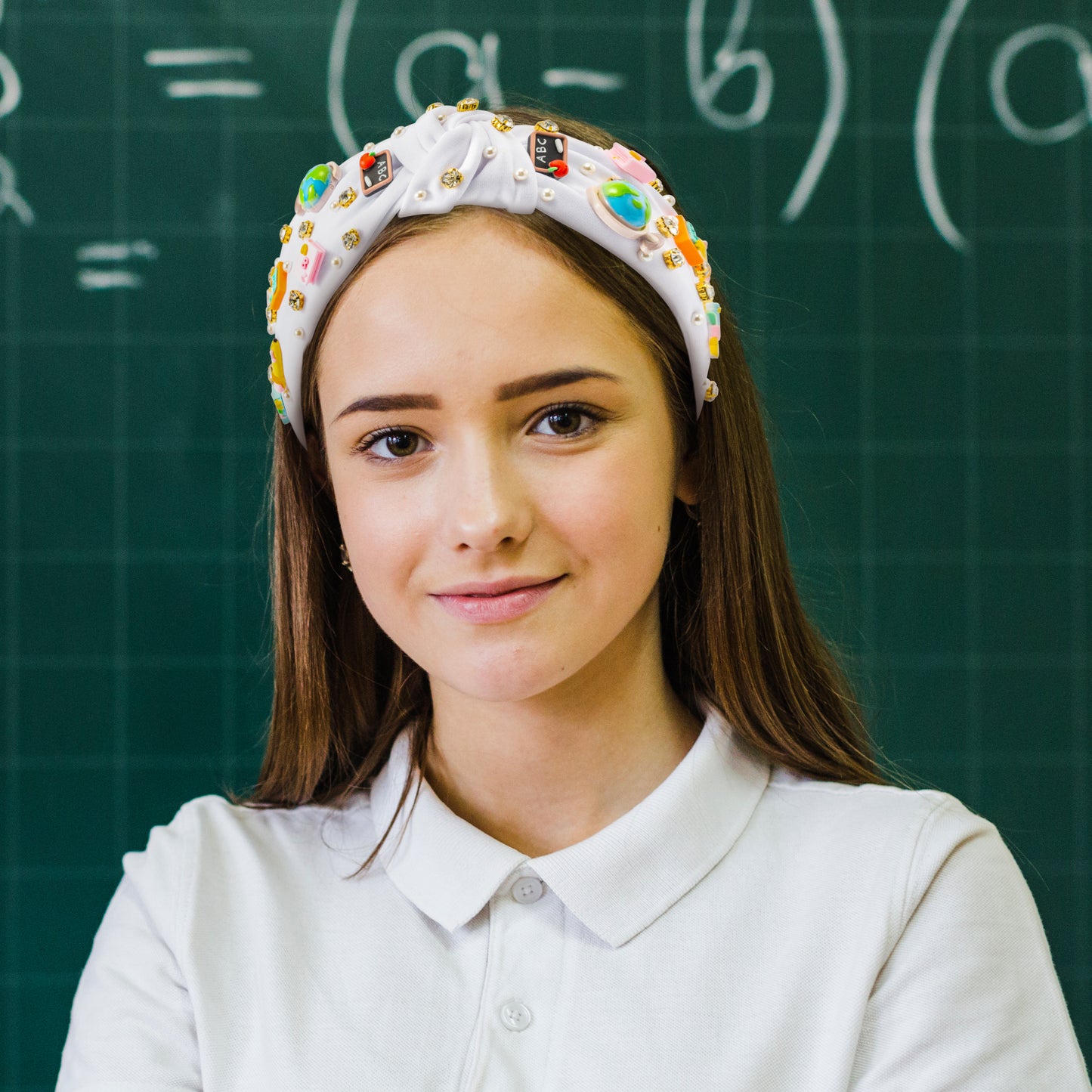 Y1tvei Teacher Appreciation Gifts Headband - White Cute Pencil Crystal Rhinestone Pearl Embellished Knotted Headband Wide Top Knot Teacher Hair Accessories Trendy Back to School Outfit for Women Girls