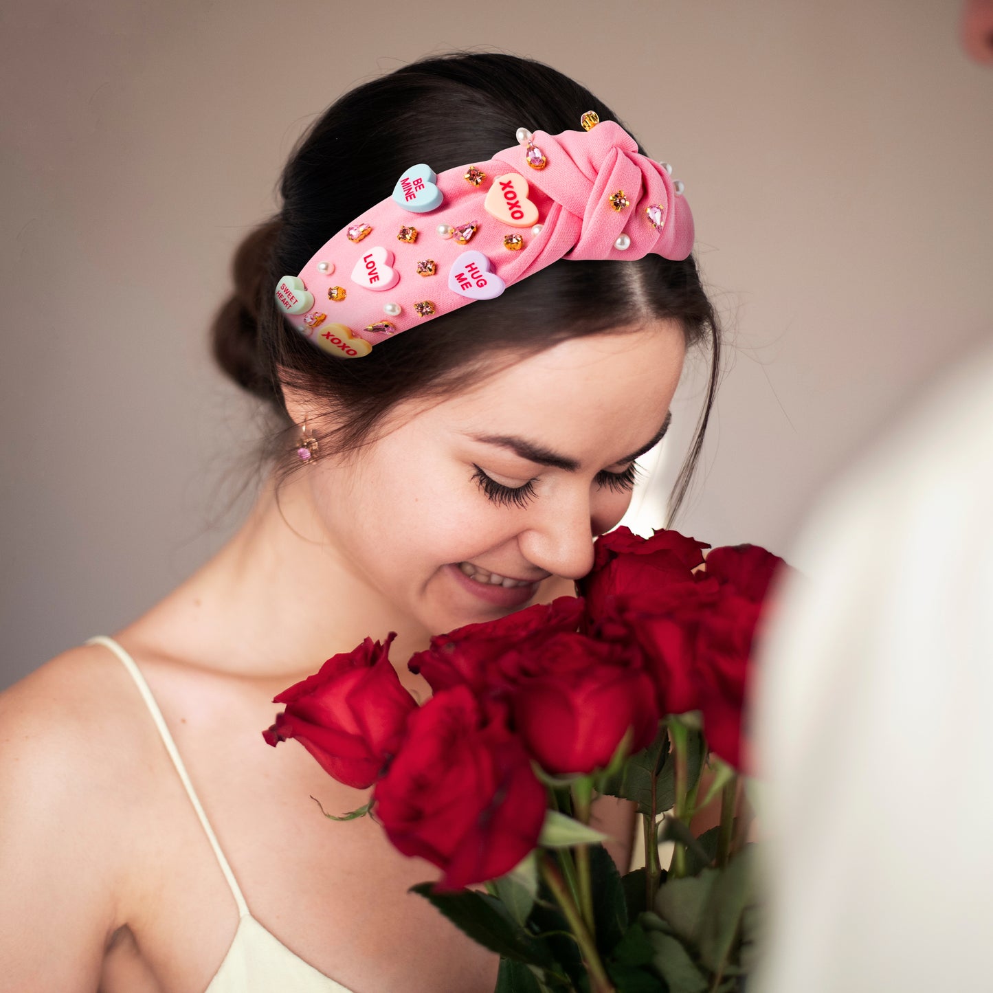 Y1tvei Valentine's Day Knotted Headband - Pink Conversation XOXO Heart Love Crystal Rhinestone Headband Wide Top Knot Fashion Headband Non Slip Trendy Holiday Hair Accessories Gift for Women Lover