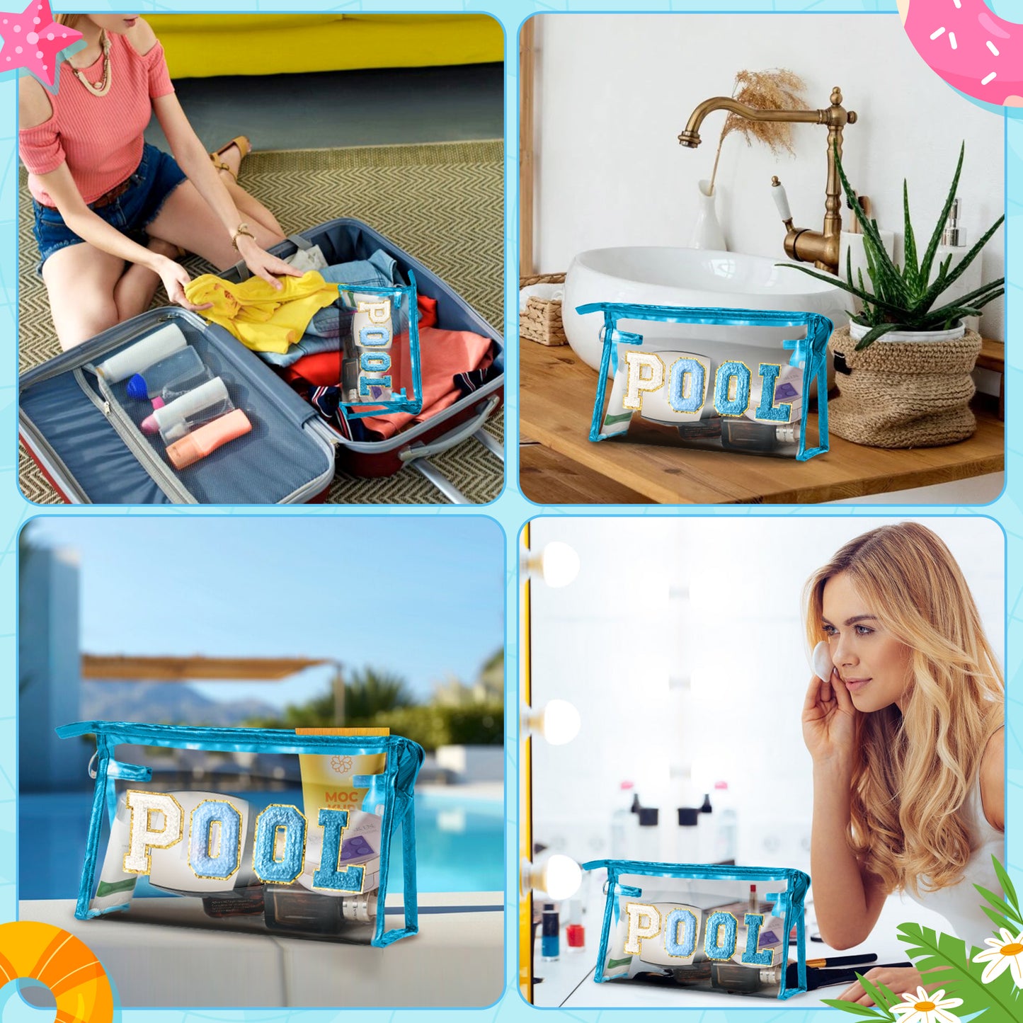 Y1tvei Clear POOL Makeup Bag - Preppy Blue POOL Chenille Varsity Letter Sunscreen Cosmetic Pouch PVC Transparent Zipper Waterproof Beach Pool Summer Travel Toiletry Organizer for Swimmer Women(Blue)