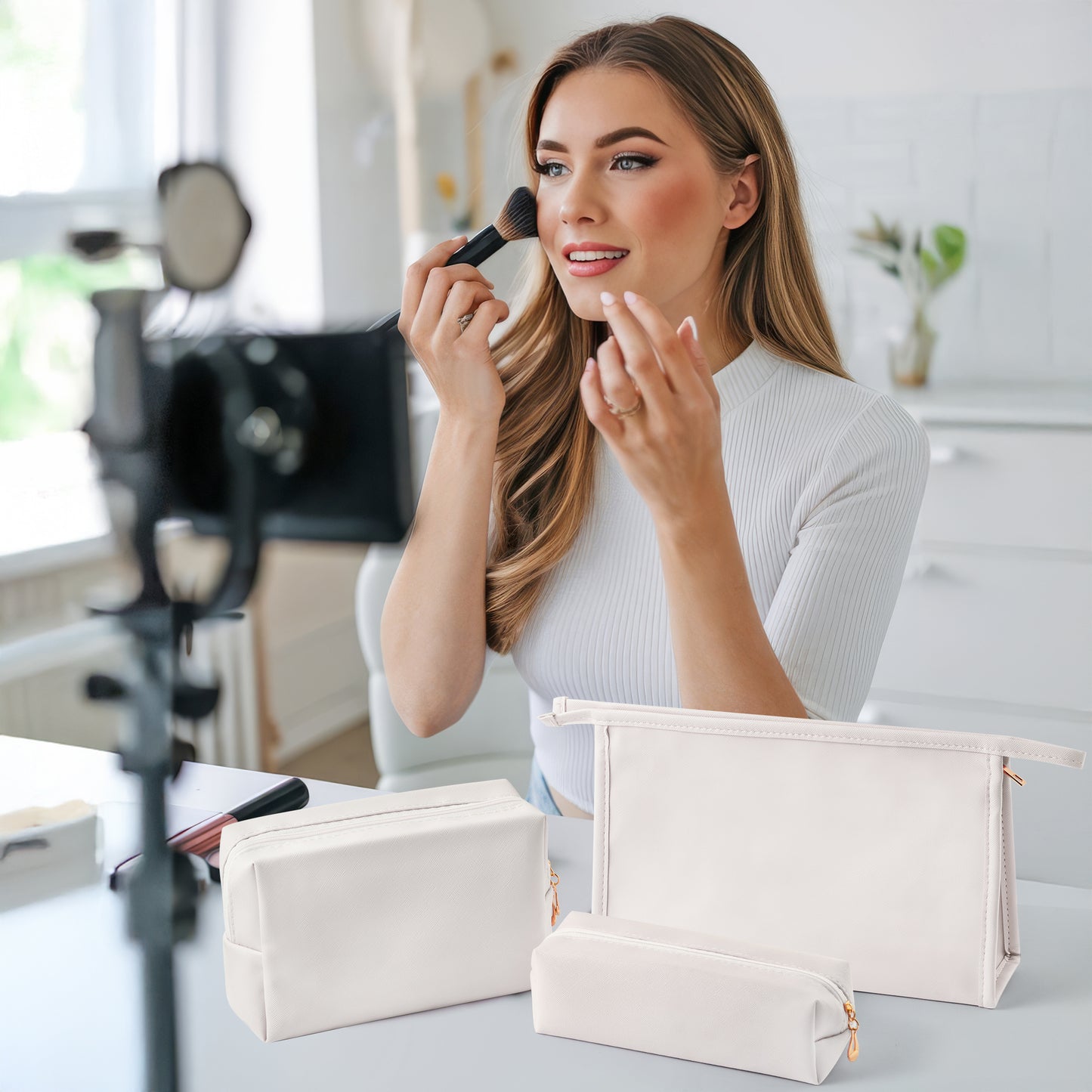 Y1tvei Makeup Bag for Women - 3Pcs Minimalist PU Leather Makeup Bag Set, Large Cosmetic Pouch with Zipper for Purse, Travel Makeup Brush Holder, Waterproof Portable Cosmetic Toiletry Organizer(White)