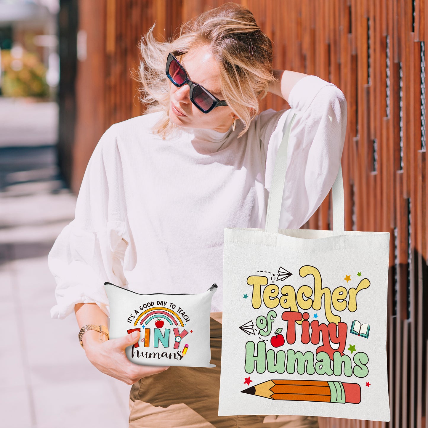Y1tvei Teacher Appreciation Gift Bag - 2Pcs Funny Teacher Canvas Makeup Bag Set, Rainbow Teacher of Tiny Humans Tote Bag, Foldable Reusable Grocery Folding Shopping Bag, Teachers Day Gifts for Women
