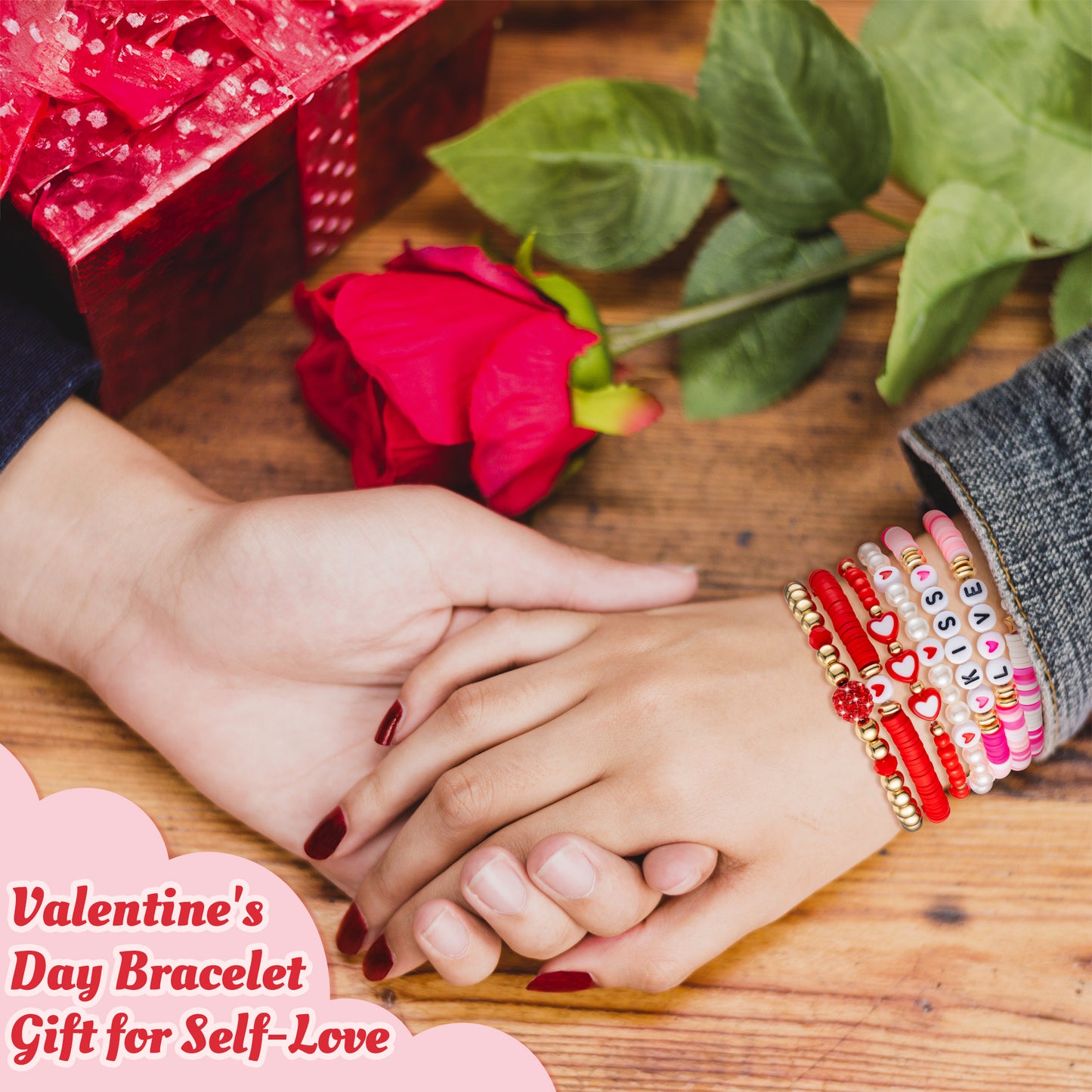 Y1tvei Valentine's Day Bracelet for Women - 7Pcs Pink Red Clay Bead Surfer Bracelet Set Love Heart Gold Plated Bead Stackable Stretch Bracelet Layering Jewelry Friendship Bracelet Gift for Women Lover