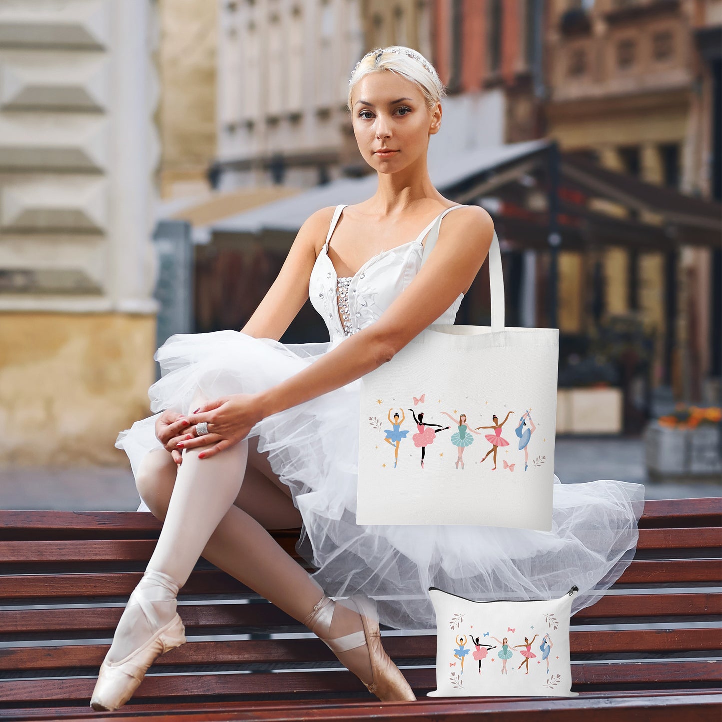 Y1tvei Ballerina Canvas Tote Bag - 2Pcs Ballerina Watercolor Print Makeup Bag Set, Cute Ballet Dancing Girl Canvas Tote Bag, Reusable Grocery Shopping Bag, Dance Recital Gifts for Ballerina Women