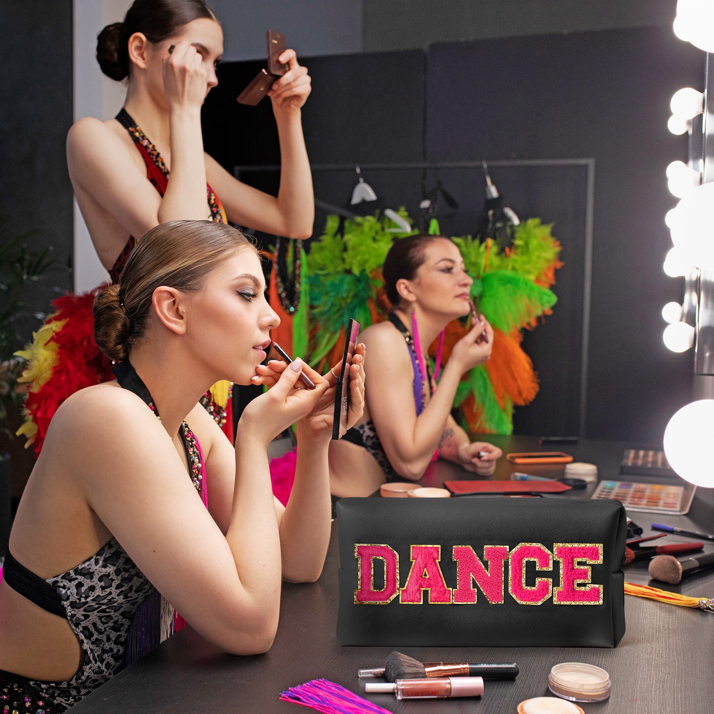 Y1tvei DANCE Large Cosmetic Bag - Preppy Patch DANCE Hot Pink Chenille Letter Makeup Bag PU Leather Waterproof Portable Dance Letter Toiletry Pouch Travel Organizer Dancer Gift for Women Girl (Black)