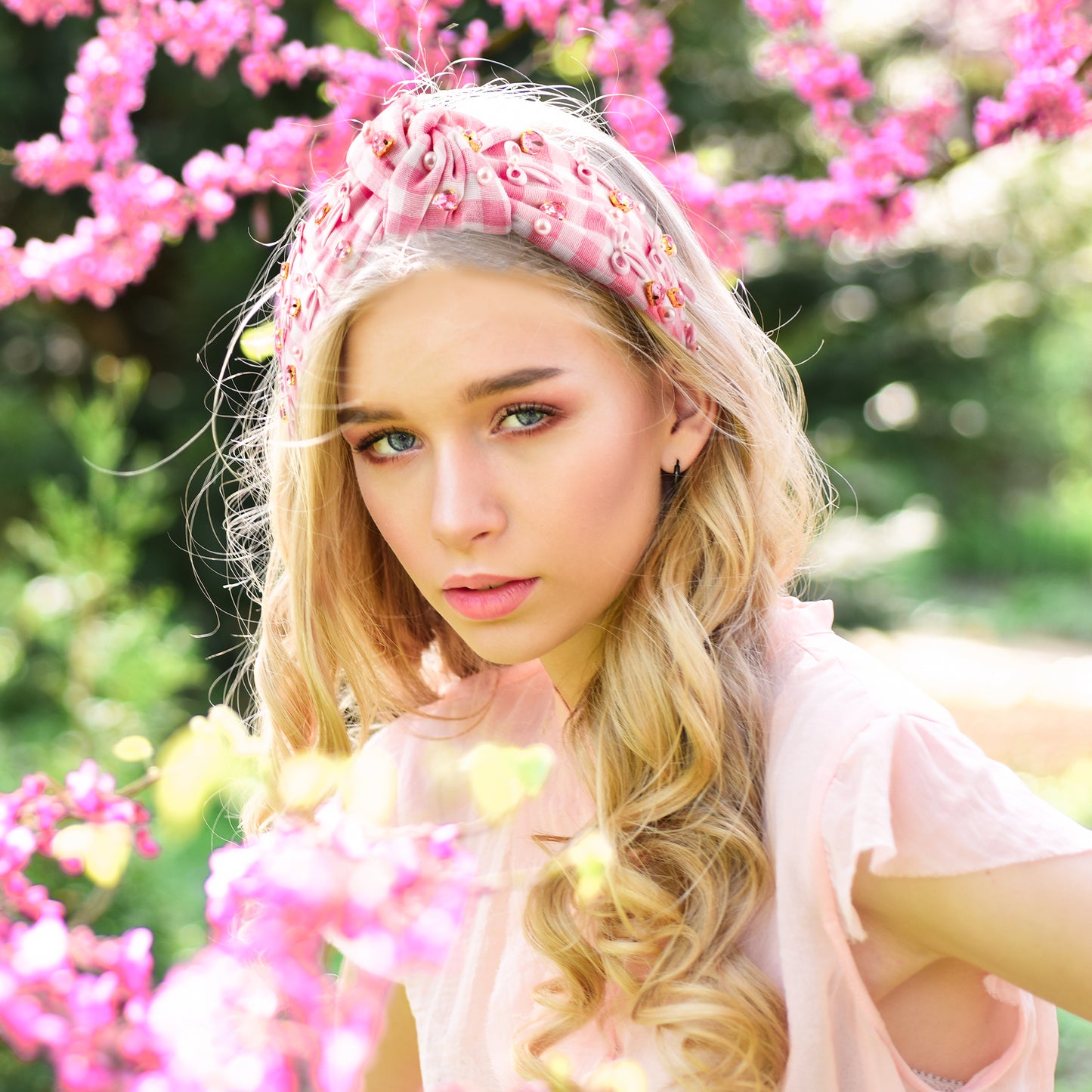 Y1tvei Bow Checked Knotted Headband - Coquette Pink Bow Checked Crystal Rhinestone Pearl Embellished Headband Wide Top Knot Fashion Non Slip Trendy Plaid Headband Hair Accessories Gift for Women Girls