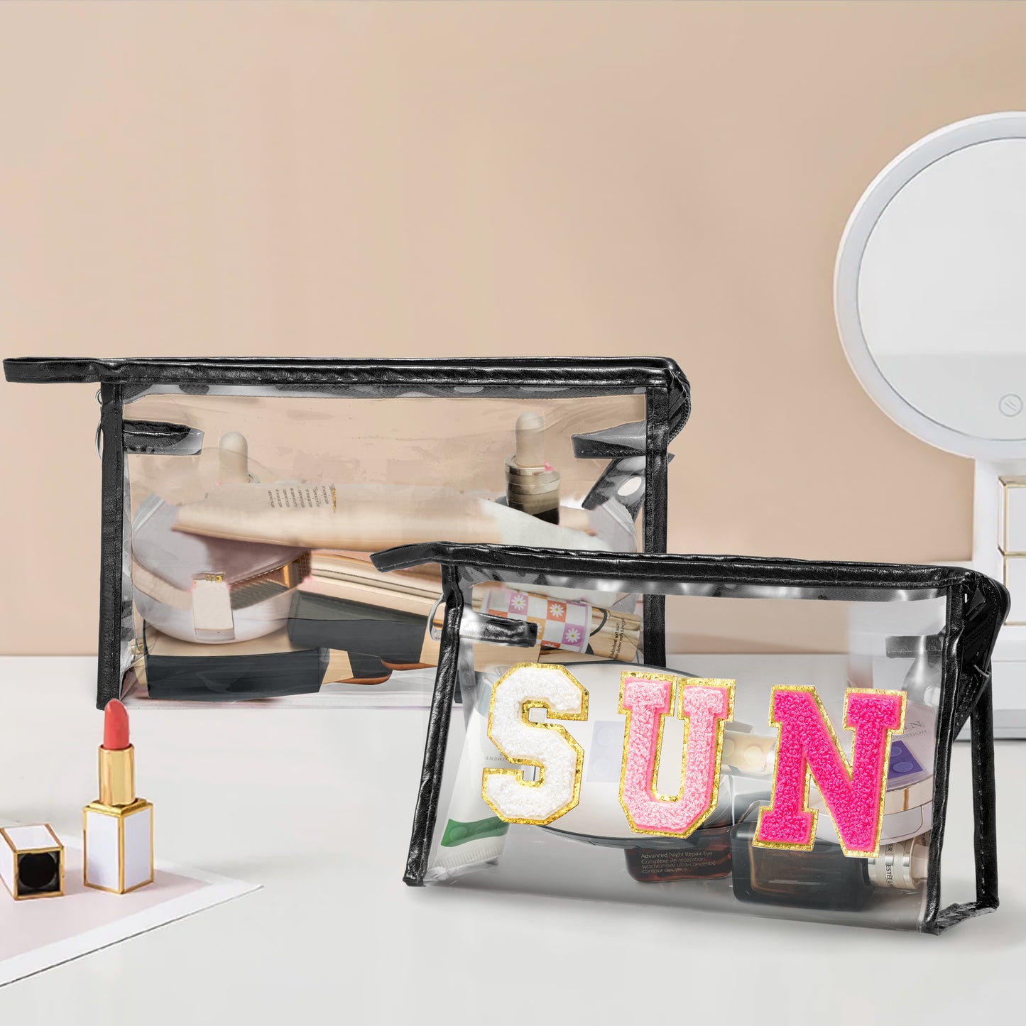 Y1tvei Clear SUN Makeup Bag - 2Pcs Preppy Rose Red SUN Chenille Varsity Letter Cosmetic Bag Black Large PVC Transparent Toiletry Organizer Zipper Waterproof Beach Travel Makeup Pouch for Women(Black)