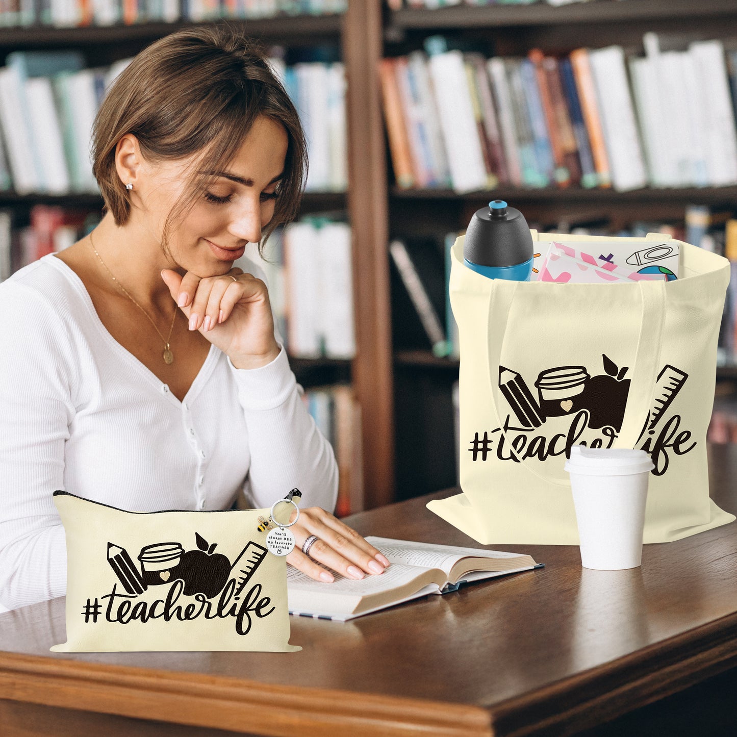 Y1tvei Teacher Appreciation Tote Bag - 3Pcs Teacher Life Canvas Tote Bag Set with Bee Keychain Apple Pencil Love Inspire Makeup Bag Grocery Shopping Bag Appreciation Week Back to School Gift for Women