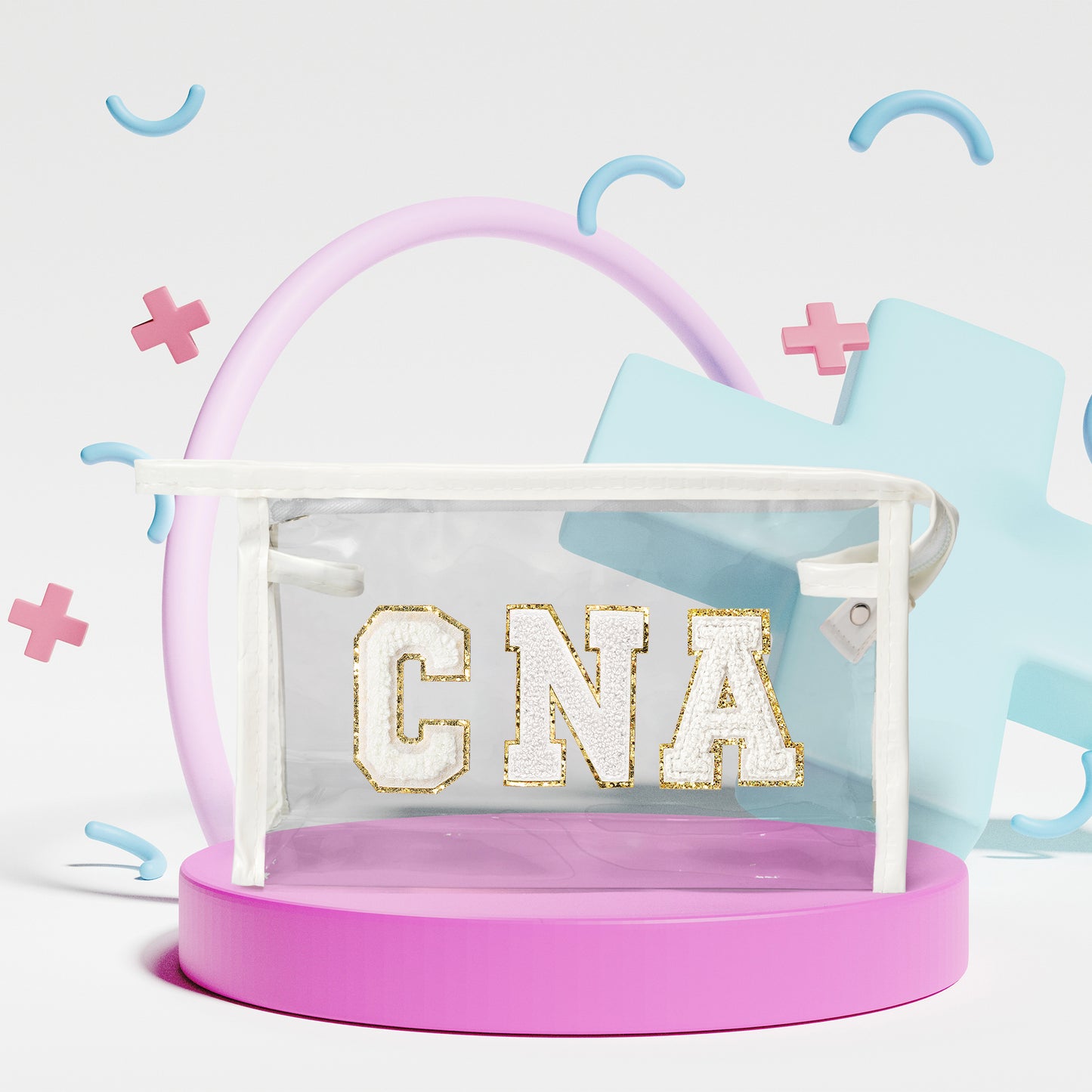 Y1tvei Clear CNA Makeup Bag - Preppy White CNA Chenille Varsity Letter Cosmetic Pouch Certified Nursing Assistant Cosmetic Toiletry Bag CNA Week Appreciation Graduation Gift Bag for Nurse Women(White)