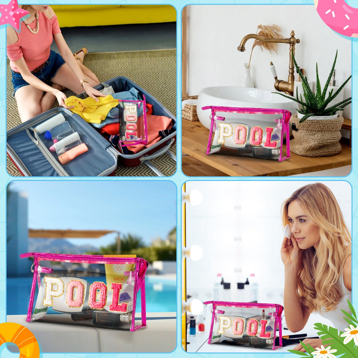 Y1tvei Clear POOL Makeup Bag - Preppy Rose Red POOL Chenille Varsity Letter Sunscreen Cosmetic Pouch PVC Transparent Zipper Waterproof Beach Summer Travel Toiletry Organizer for Swimmer Women(RoseRed)