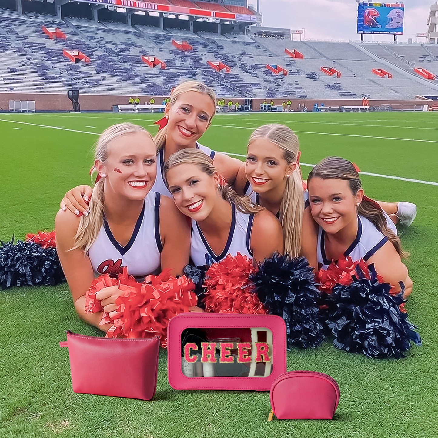 Y1tvei CHEER Clear Cosmetic Bag - 3Pcs Hot Pink Cheer Chenille Patch Clear Makeup Bag , Leather Waterproof Travel Toiletry Organizer with Makeup Pouch for Purse, Cheer Gift for Cheerleader(Rose Red)