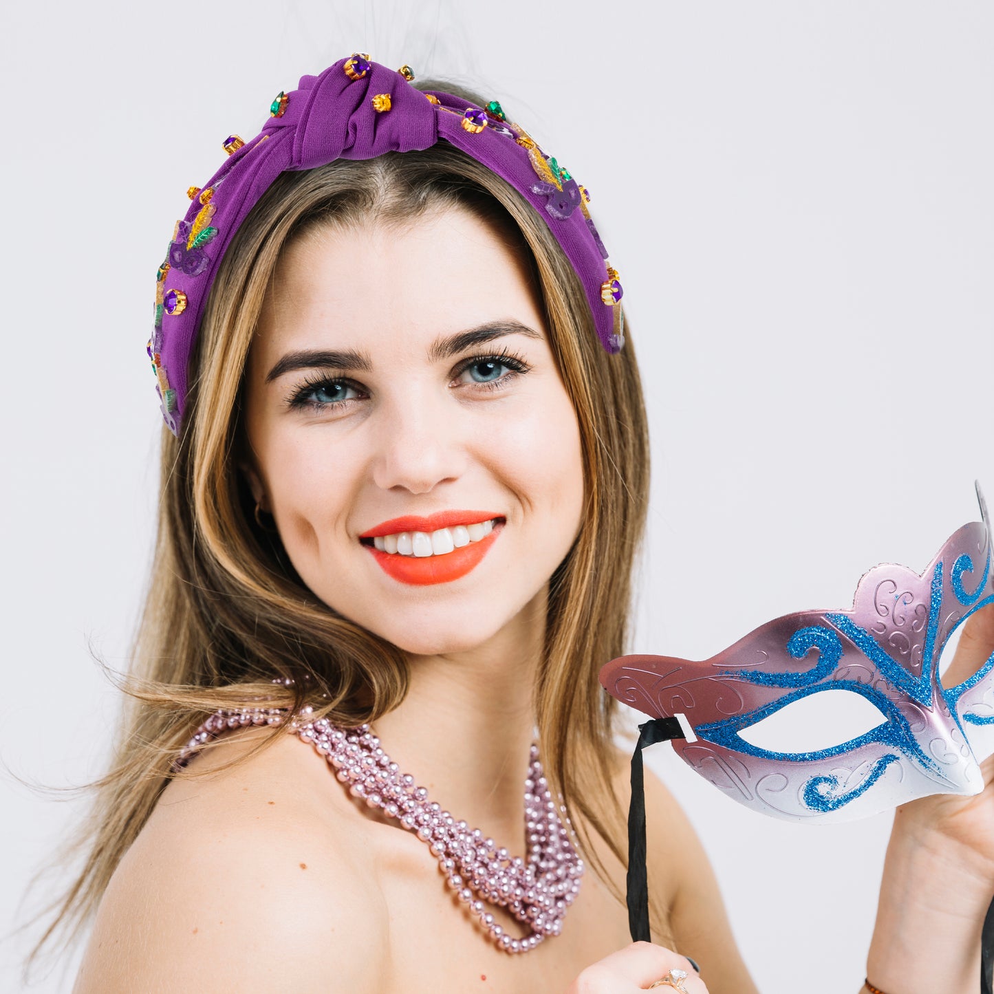 Y1tvei Mardi Gras Headband for Women - Purple Feather Mask Glitter Crystal Rhinestone Jeweled Knotted Hair Accessories Wide Top Carnival Fat Tuesday Headwear Mardi Gras Headpiece Outfit Costume Gifts