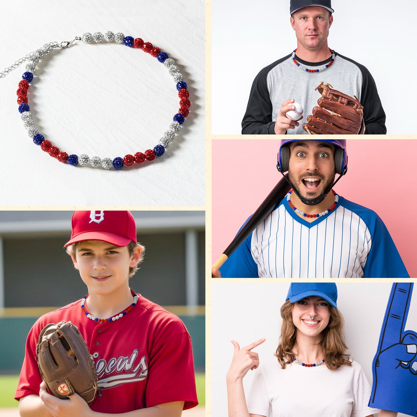 Y1tvei Baseball Necklaces for Boys - Bling Baseball Necklace Ice Collection Glitter Clay Rhinestone Beads Chain Baseball Necklace Disco Ball Sports Necklace Gifts for Boys Men Baseball Lovers(Red)
