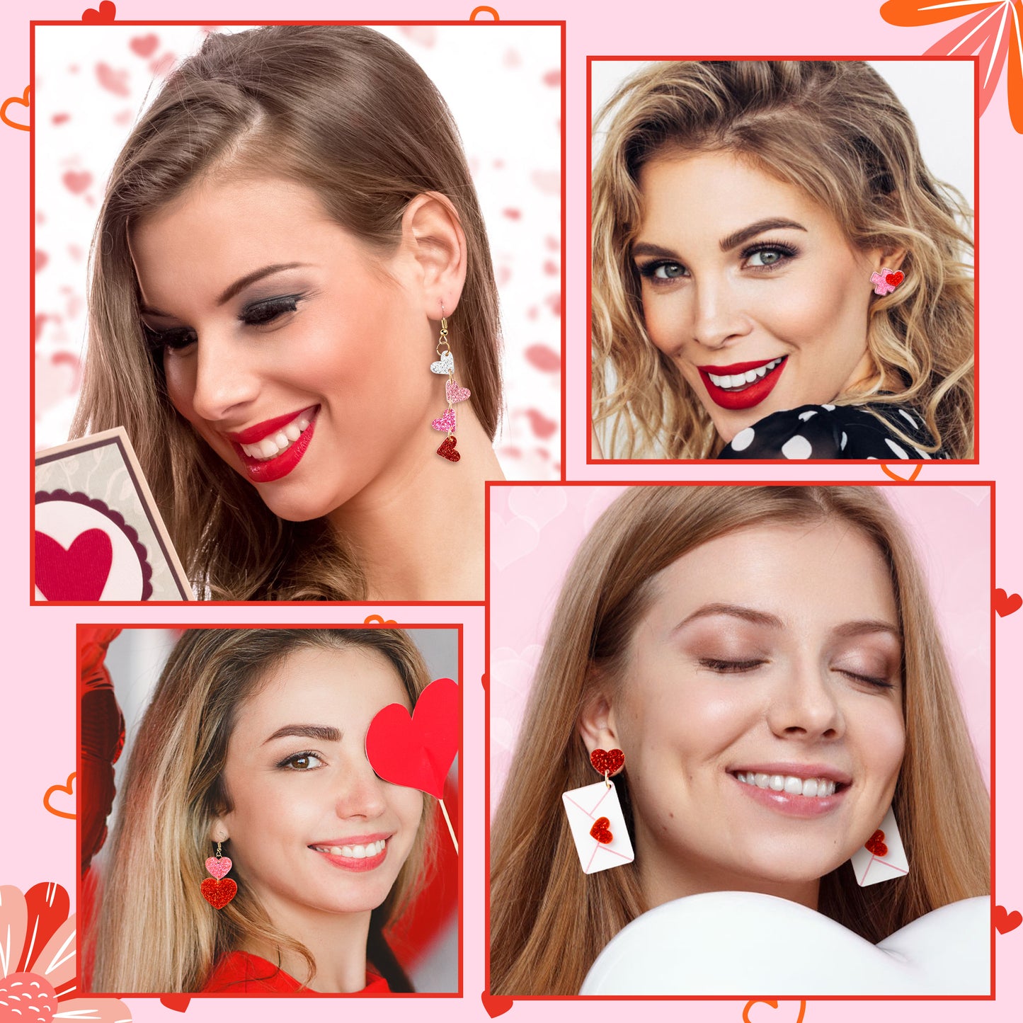 Y1tvei Valentine's Day Glitter Earrings - 12Pairs Valentine's Day Pink Red Heart Earring Sparkly Glitter Love Drop Dangle Acrylic Earring Lightweight Cute Ear Decoration Holiday Jewelry Gift for Women