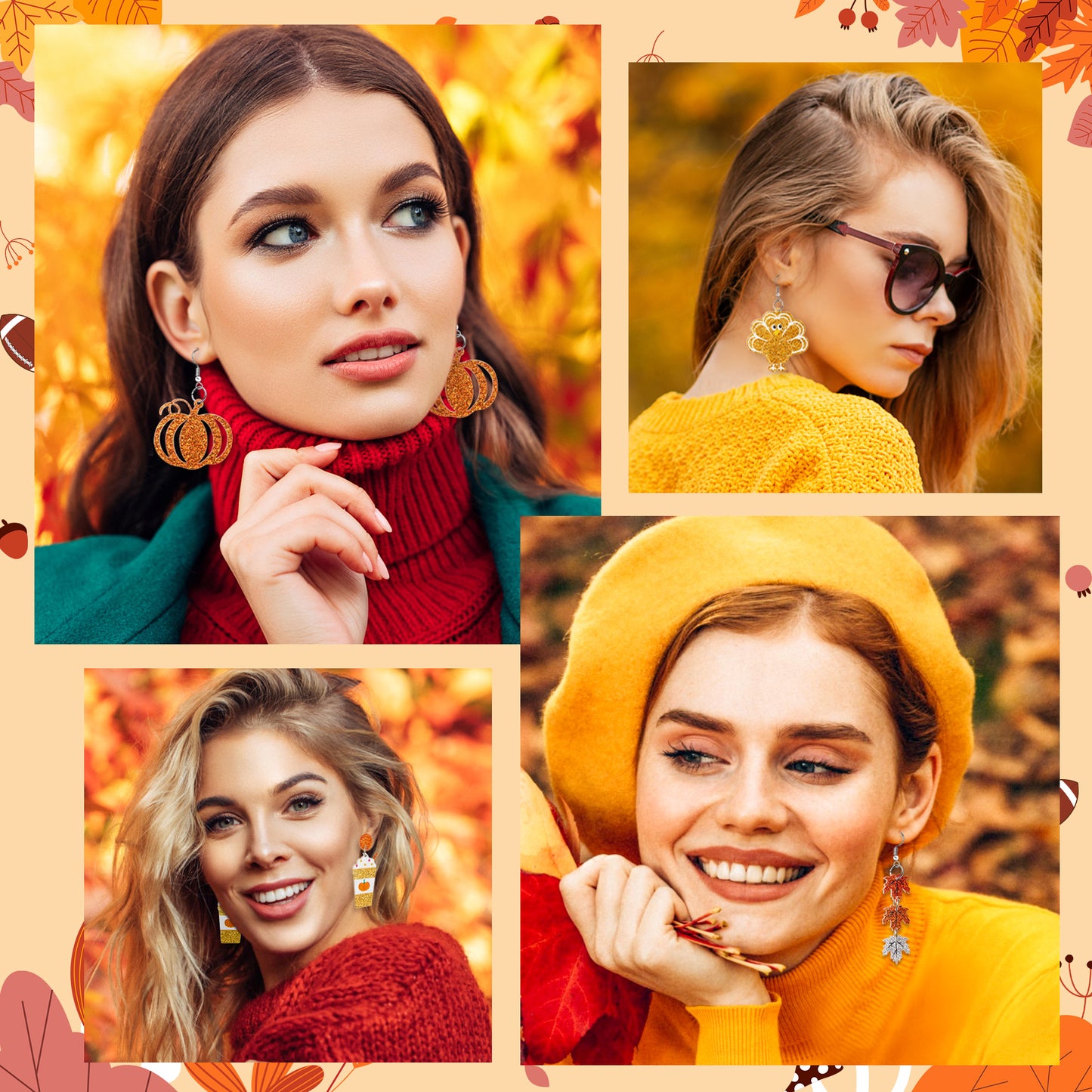 Y1tvei Fall Thanksgiving Glitter Earrings - 9Pairs Fall Leaf Turkey Football Pumpkin Sparkly Glitter Drop Dangle Earring Lightweight Cute Cartoon Ear Decoration Holiday Jewelry Gift for Girls Women