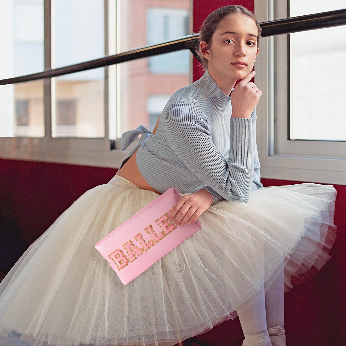 Y1tvei Ballet Cosmetic Bag for Girls - Preppy Patch BALLET Pink Chenille Letter Makeup Bag PU Leather Waterproof Portable Ballerina Makeup Pouch Dance Recital Travel Toiletry for Girl Dancer(Pink)