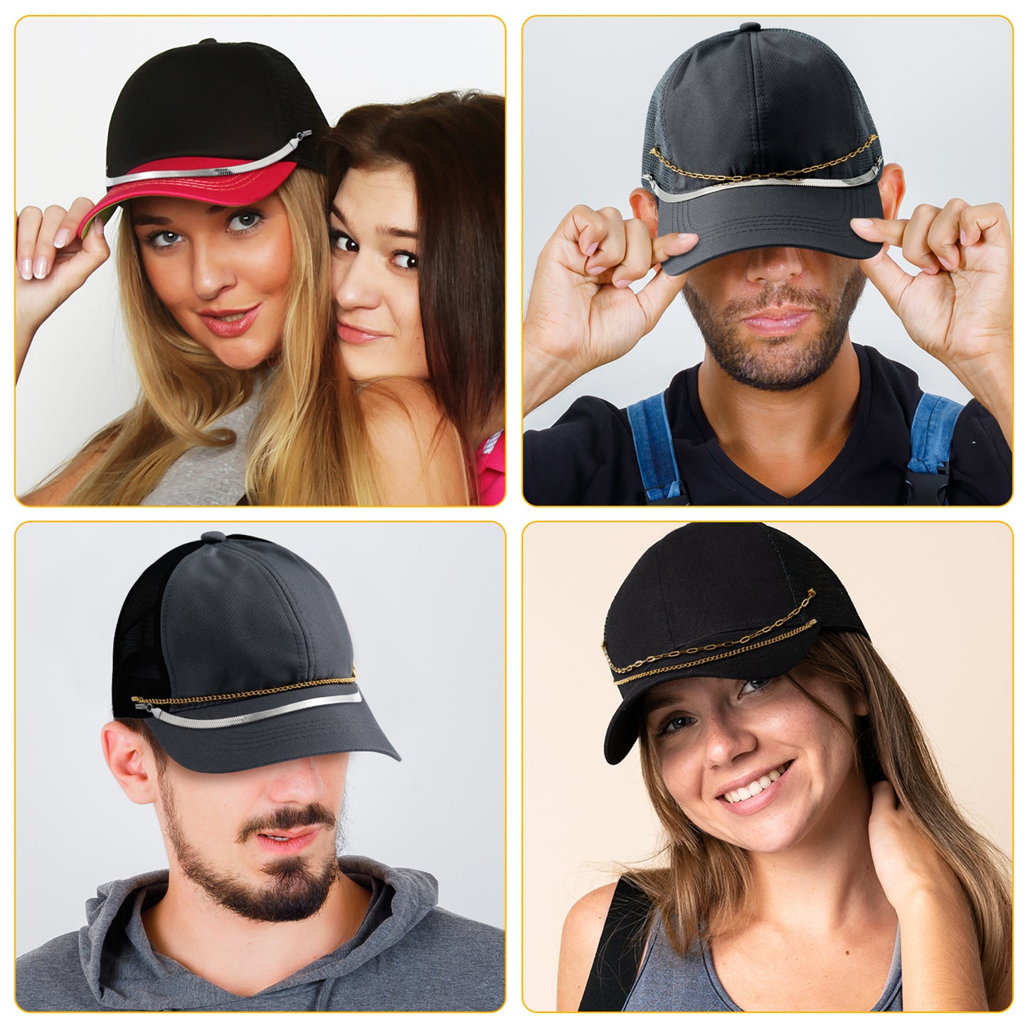 Y1tvei Gold Trucker Hat Chains - 3Pcs Gold Plated Stainless Steels Trucker Hat Chains Bill Decoration, DIY Mesh Baseball Cap Hat Chains Jewelry Accessories Charms Gift for Women Men Party Supplies