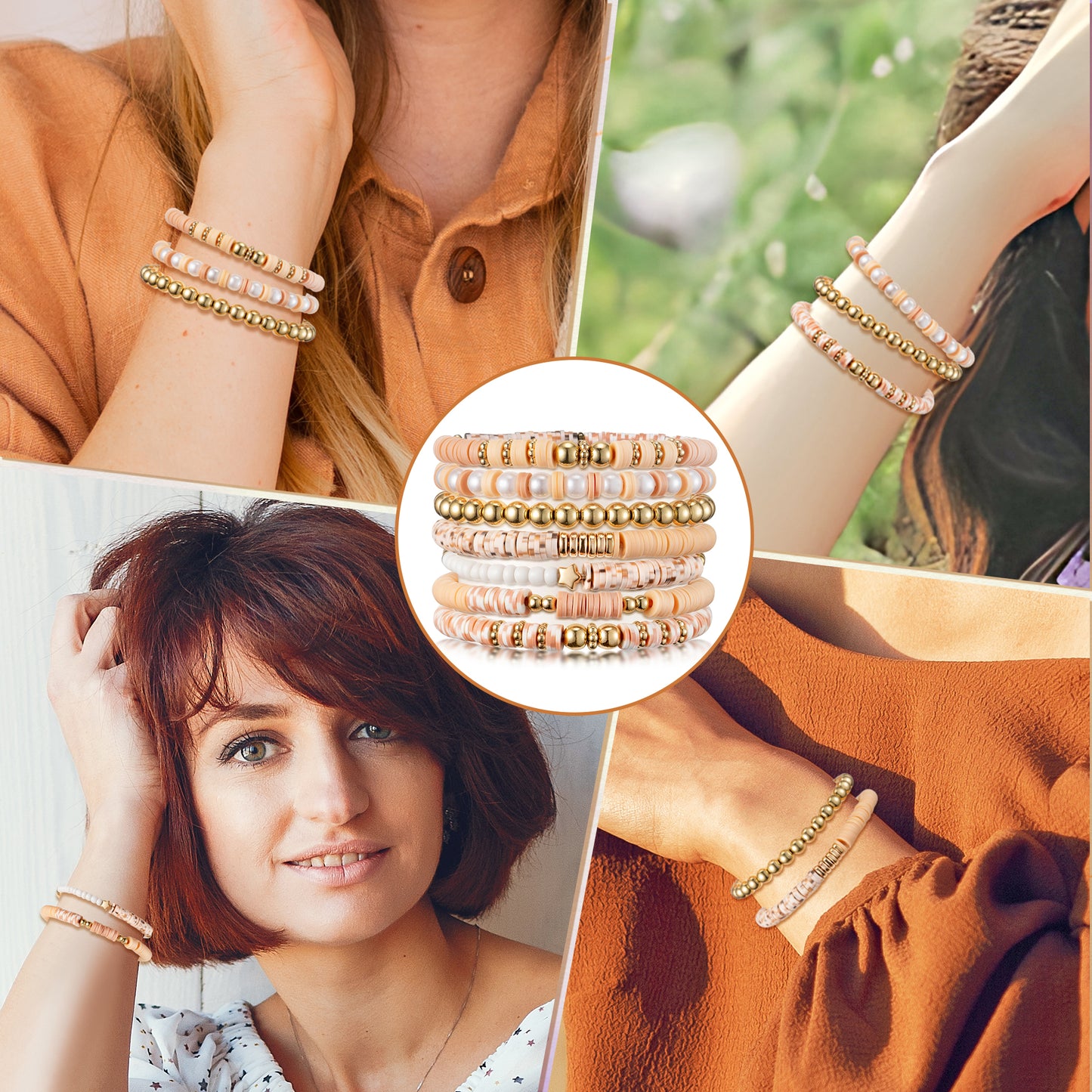 Y1tvei Boho Bracelets for Women - 7Pcs Boho Brown Spot Clay Bead Surfer Bracelet Set Gold Plated Bead Stackable Stretch Bracelet Layering Summer Beach Jewelry Friendship Bracelet Gift for Teen Girls