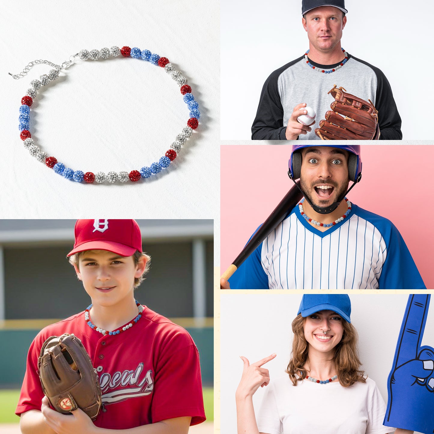 Y1tvei Baseball Necklaces for Boys - Bling Baseball Necklace Ice Collection Glitter Clay Rhinestone Beads Chain Baseball Necklace Disco Ball Sports Necklace Gifts for Boys Men Baseball Lovers(Blue)