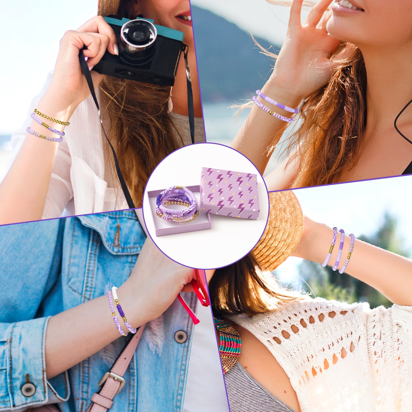 Y1tvei Purple Surfer Bead Bracelets - 7Pcs Purple Spot Clay Bead Surfer Bracelet Set Stackable Gold Plated Bead Stretch Bracelet Layering Summer Beach Jewelry Friendship Bracelet for Women Teen Girls