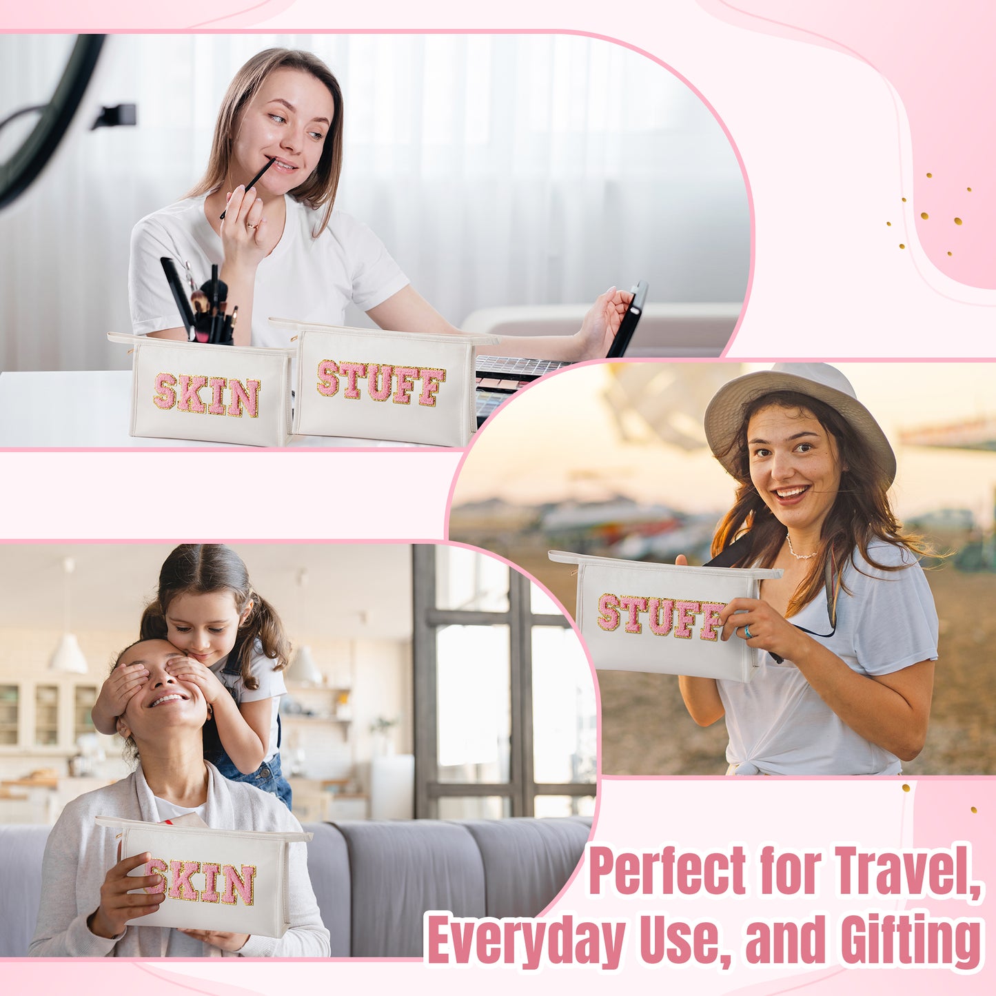 Y1tvei SKIN STUFF Makeup Bag - Pink Preppy Skin Stuff Chenille Letter Pouch for Travel, Large Waterproof Portable PU Leather Cosmetic Toiletry Bags, Zipper Flat Pouch Travel Organizer for Women(White)