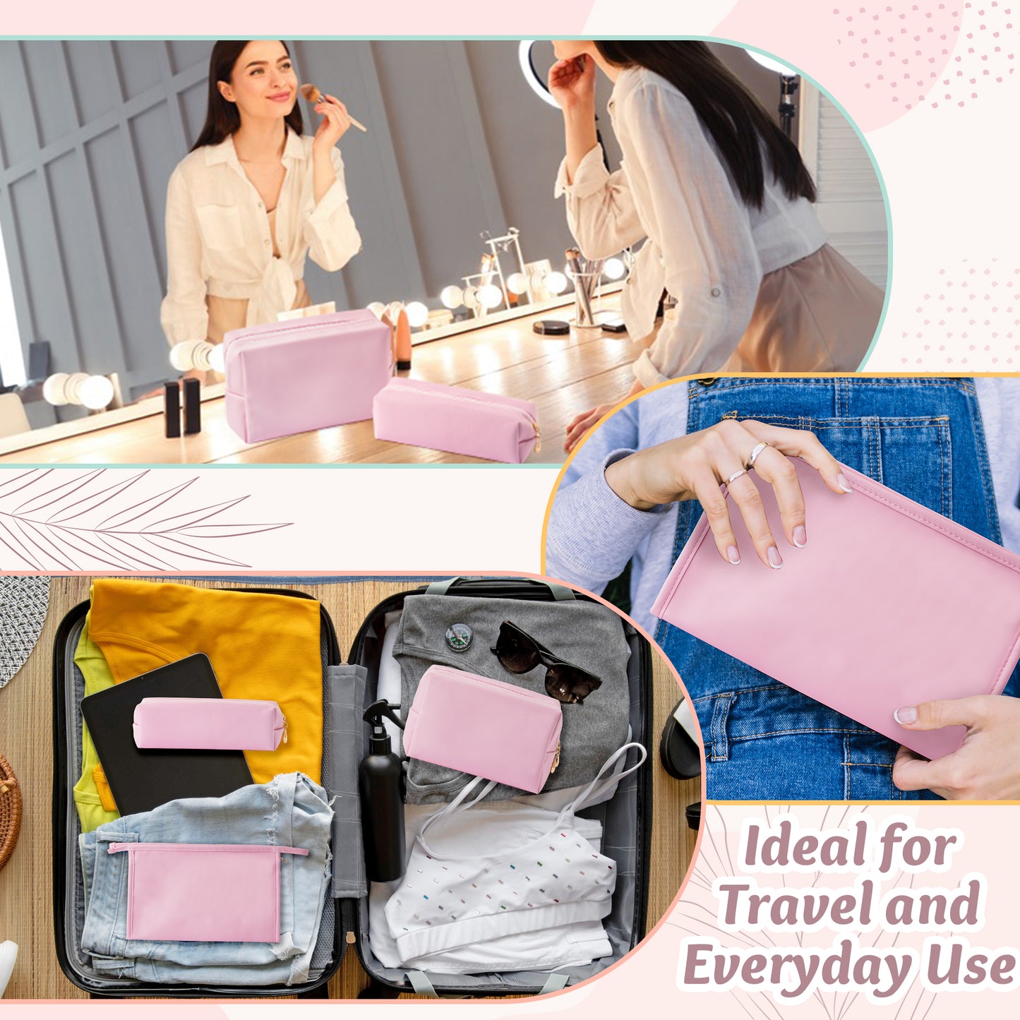 Y1tvei Makeup Bag for Women - 3Pcs Minimalist PU Leather Makeup Bag Set, Large Cosmetic Pouch with Zipper for Purse, Travel Makeup Brush Holder, Waterproof Portable Cosmetic Toiletry Organizer(Pink)