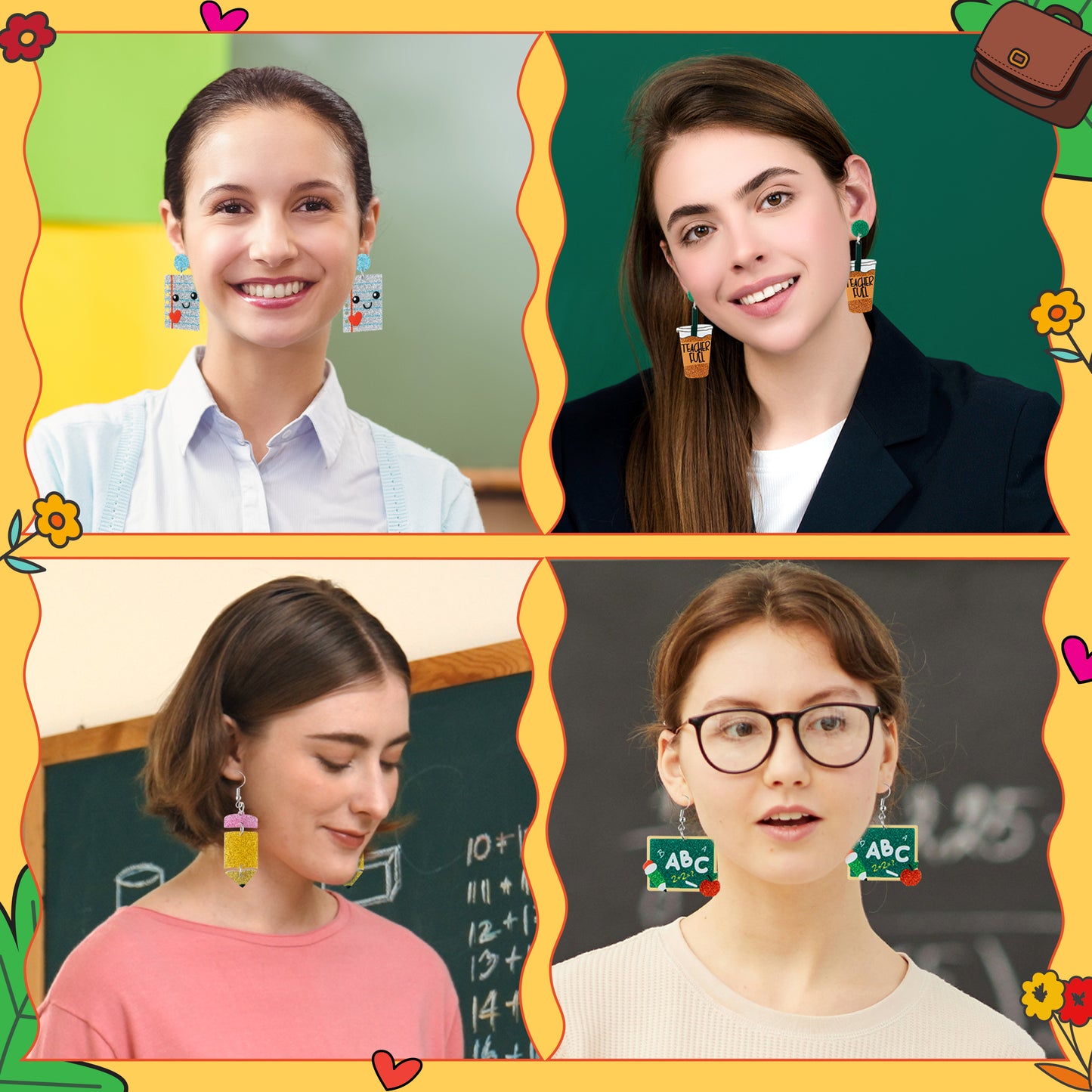 Y1tvei Teacher Earrings for Women - 9Pairs Colorful Rainbow Apple Pencil Book Sparkly Glitter Acrylic Earring Drop Dangle Lightweight Cute Back to School Teacher Jewelry Accessories Appreciation Gifts