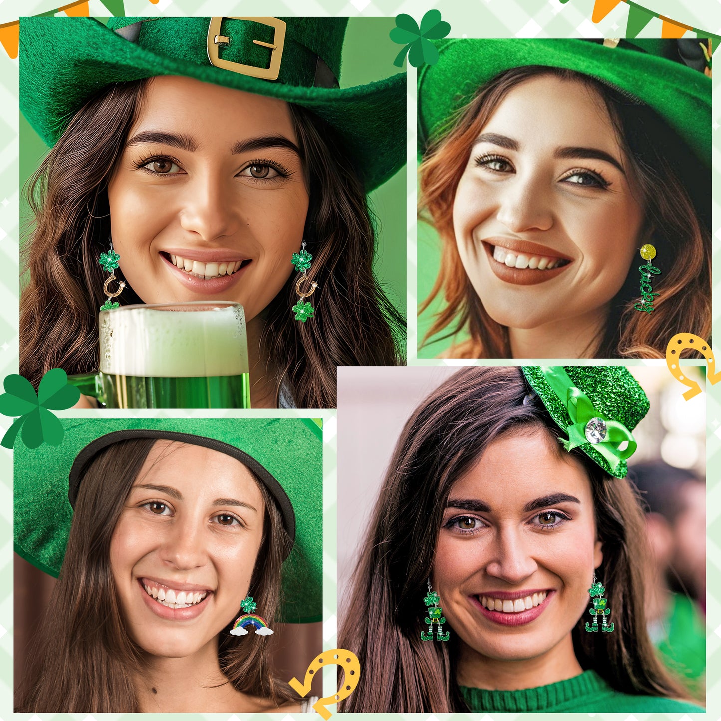 Y1tvei St. Patrick's Day Earrings - 9Pairs Four Leaf Clover Shaped Drop Earrings Green Hat Irish Shamrock Lucky Sparkly Glitter Acrylic Earring Lightweight Cute St Patrick's Accessories Gift for Women