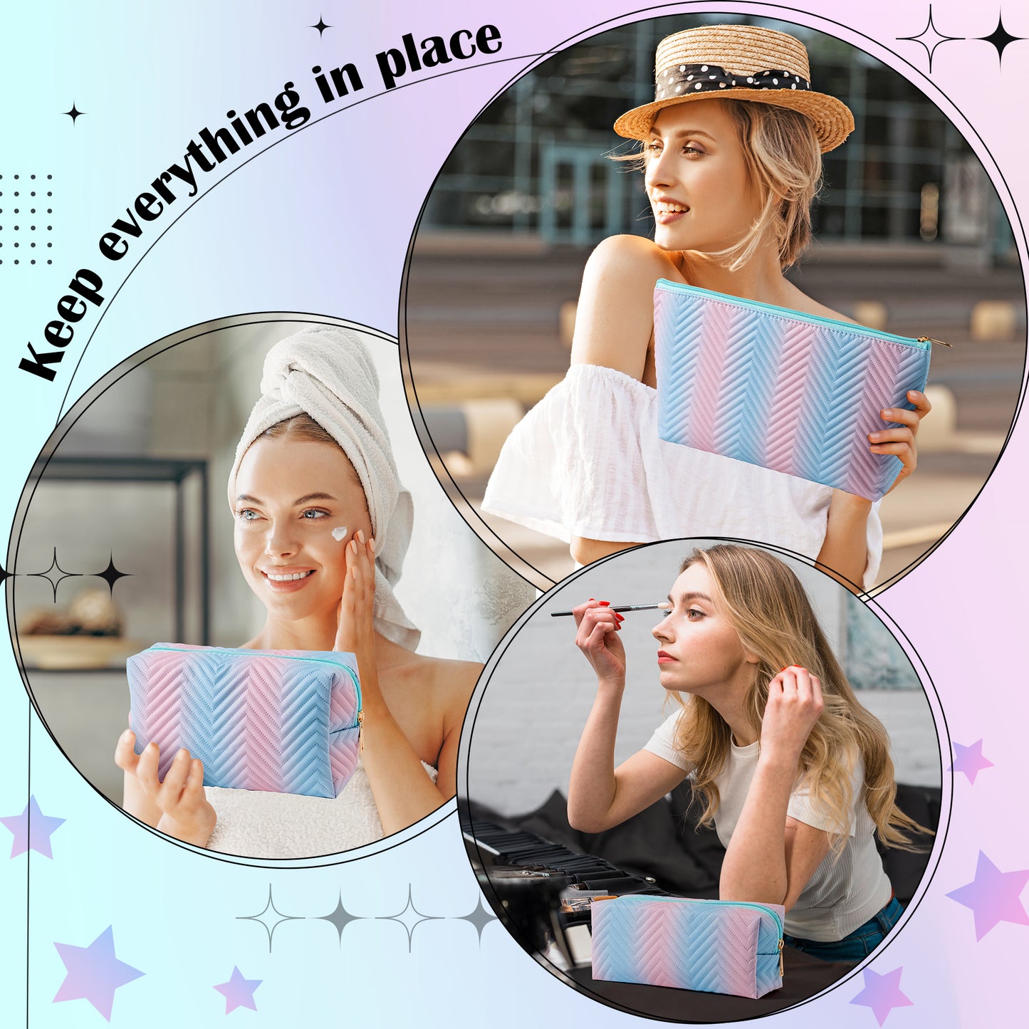 Y1tvei Gradient Makeup Bag Set - 3Pcs Blue Pink Gradient Makeup Bag Colorful Leather Waterproof Fantasy Cosmetic Pouch Makeup Brush Bag Zipper Carry Pouch Travel Toiletry Organizer Gifts for Women