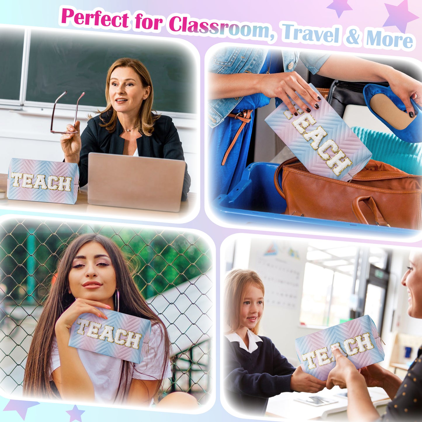 Y1tvei TEACH Gradient Makeup Bag - Preppy TEACH Chenille Letter Patch Blue Pink Gradient Makeup Bag Colorful Leather Waterproof Cosmetic Pouch Toiletry Bag Teacher Appreciation Gifts for Women Teacher