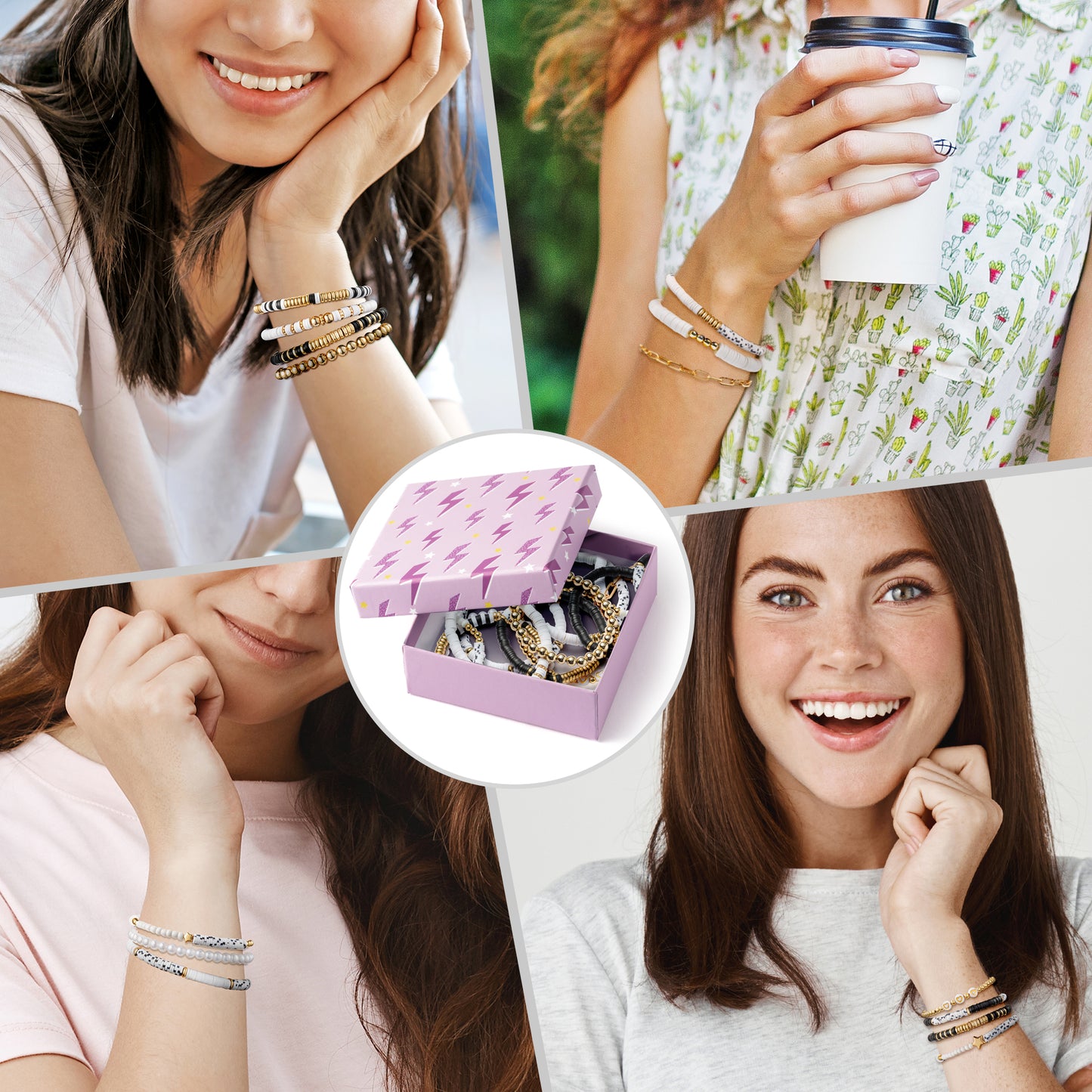 Y1tvei Heishi Surfer Bracelets Set - Black White Clay Bead Bracelet Boho Stackable Pearl Beaded Layering Stretch Mix Bracelet Gold Plated Bead Summer Beach Jewelry Friendship Bracelet for Women Girls