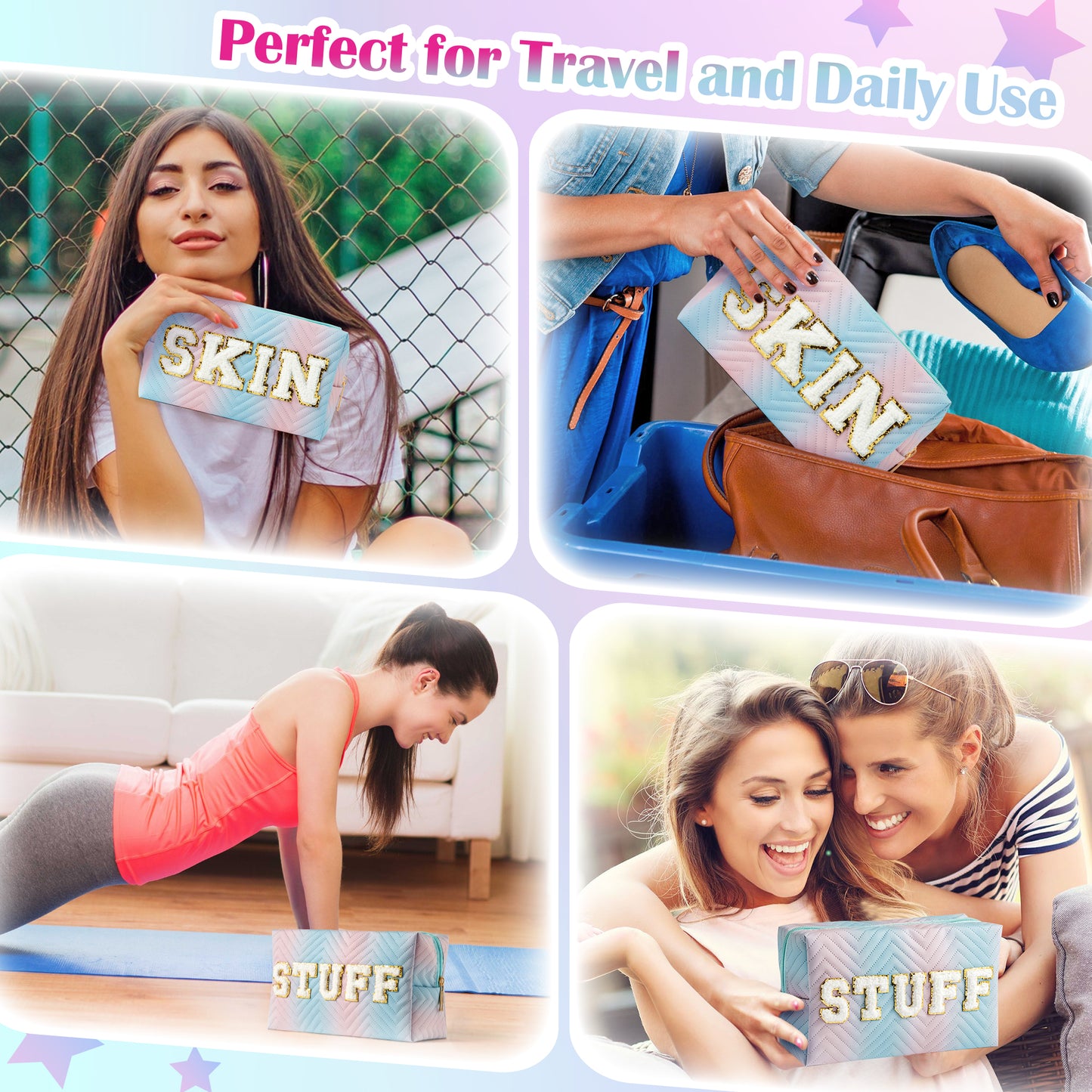 Y1tvei Preppy Patch SKIN STUFF Chenille Letter Blue Pink Gradient Makeup Bag Colorful Leather Waterproof Portable Fantasy Cosmetic Pouch Travel Toiletry Bag Carry On Zipper Organizer Gifts for Women
