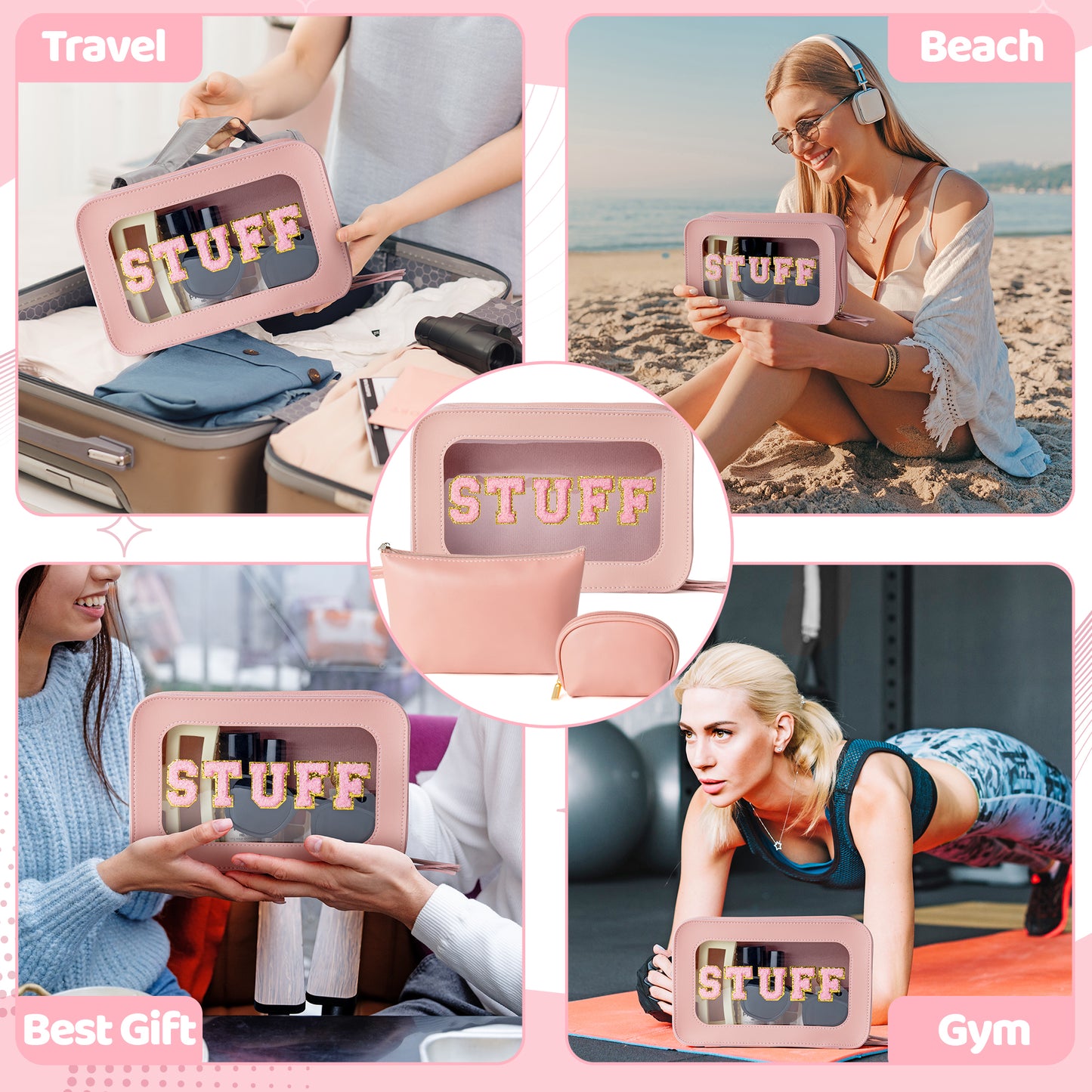 Y1tvei STUFF Clear Cosmetic Bag - 3Pcs Pink Stuff Chenille Patch Clear Makeup Bag , PU Leather Waterproof Zipper Toiletry Bag with Makeup Pouch for Purse, Large Beach Travel Organizer for Women (Pink)