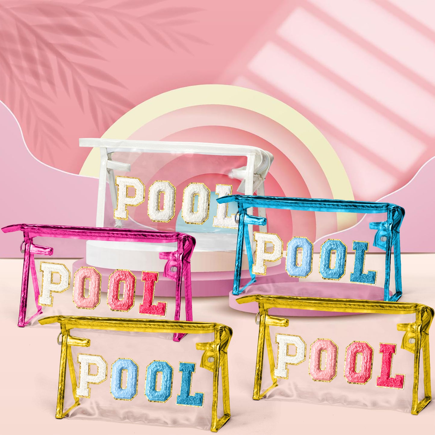 Y1tvei Clear POOL Makeup Bag - Preppy Rose Red POOL Chenille Varsity Letter Sunscreen Cosmetic Pouch PVC Transparent Zipper Waterproof Beach Summer Travel Toiletry Organizer for Swimmer Women(Gold)