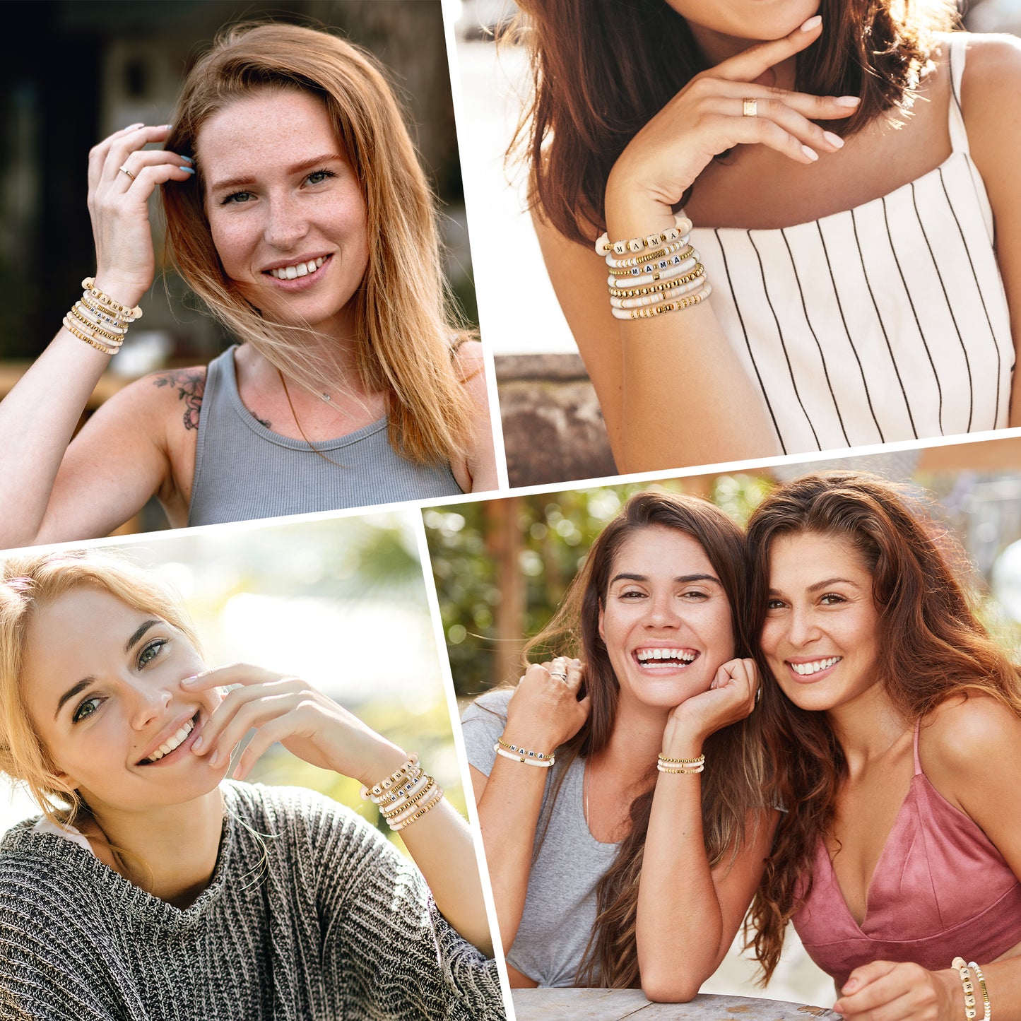 Y1tvei Mama Bracelets for Women - 7Pcs Beige Wooden Stackable Heishi Polymer Clay Beaded Stretch Surfer Bracelet Dainty Gold Plated Beads Elastic Layering Bracelet Mama to Be Mother's Day Gift for Mom