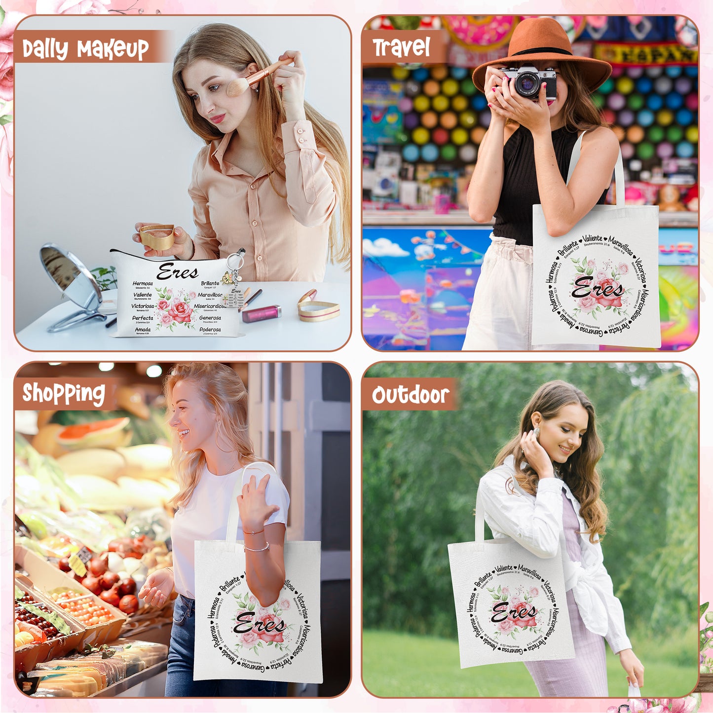 Y1tvei Spanish Christian Gifts For Women - 3Pcs Flower Spanish Bible Verse Canvas Tote Bag with Keychain Inspirational Christian Religious Makeup Cosmetic Bag Spiritual Catholic Gifts for Women Faith