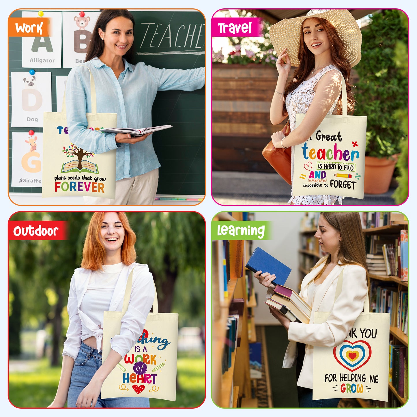 Y1tvei Teacher Canvas Tote Bags - 6Pcs Colorful Rainbow Apple Teacher Large Canvas Tote Bags Bulk Funny Teacher Love Inspire Grocery Bag Thank You Teacher Appreciation Week Gifts for Women Retirement