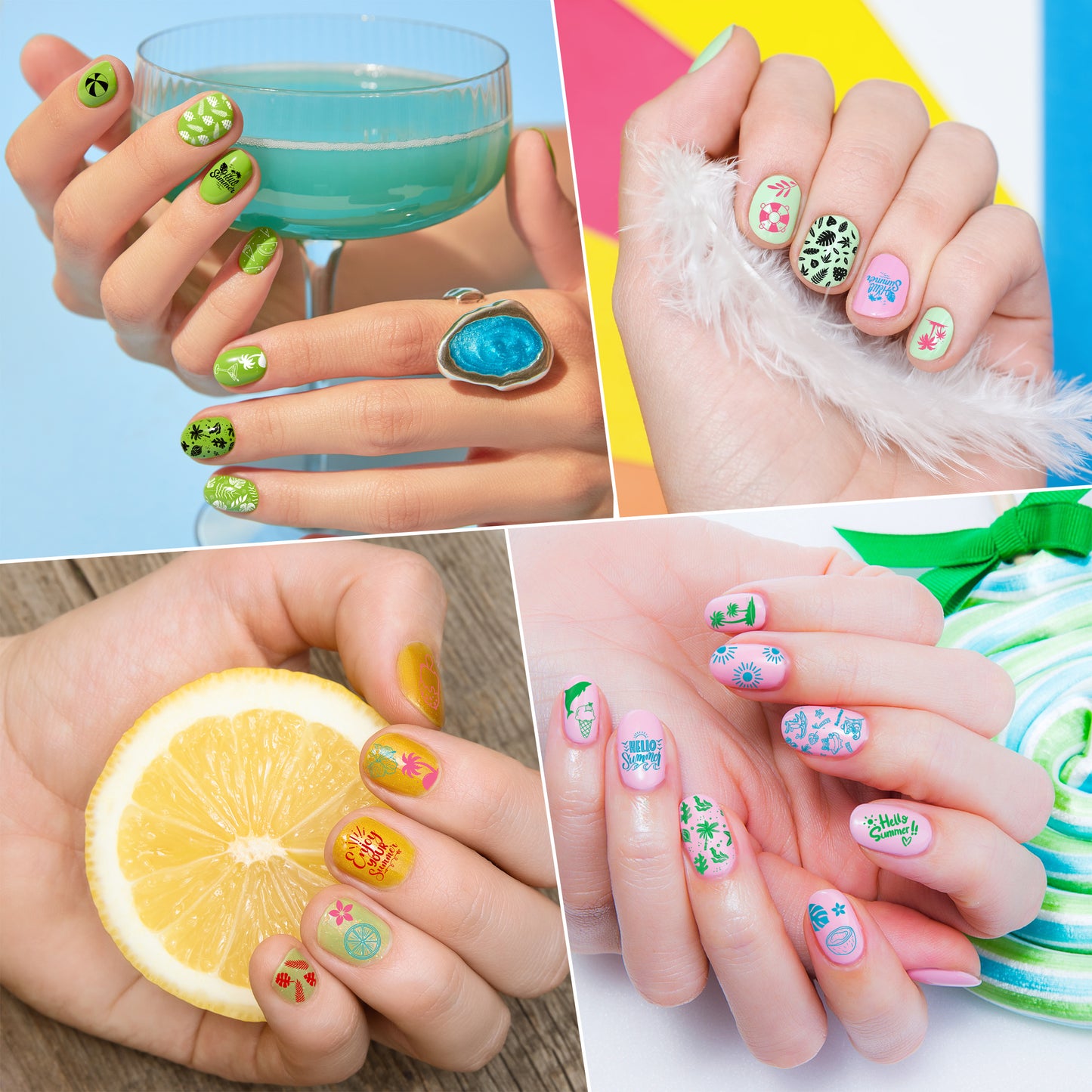 Y1tvei Hello Summer Nail Stamping Plates - 6Pcs Fruit Cocktails Leaves Sun Beach Theme Finger Art Kit, Stainless Steel Nail Polish Template Printer Decoration DIY Manicure Salon Design Gift Supplies