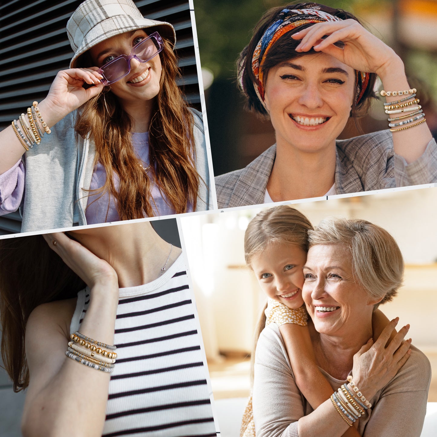 Y1tvei Nana Bracelets for Women - 7Pcs Gray Wooden Nana Bead Stackable Heishi Polymer Clay Beaded Stretch Surfer Bracelet Gold Plated Beads Elastic Layering Bracelet Mother’s Day Gifts from Grandkids