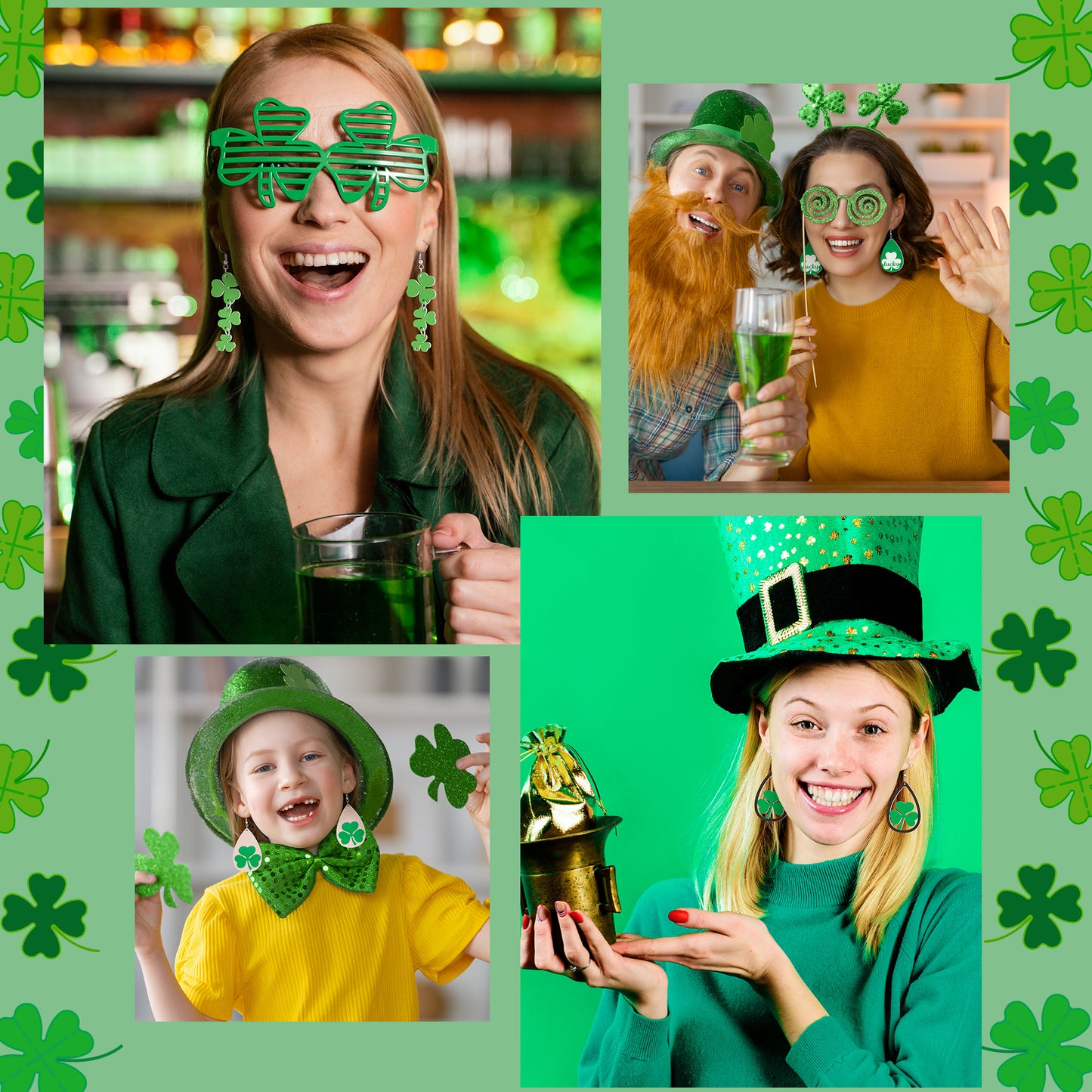 Y1tvei St.Patrick's Shamrock Wooden Earrings - 9 Pairs Shamrock Hat Green Beer Shaped Cutout Teardrop Dangle Earring Lightweight Shamrock Stud Lucky Decor Holiday Jewelry Gift for Girls Teens Women