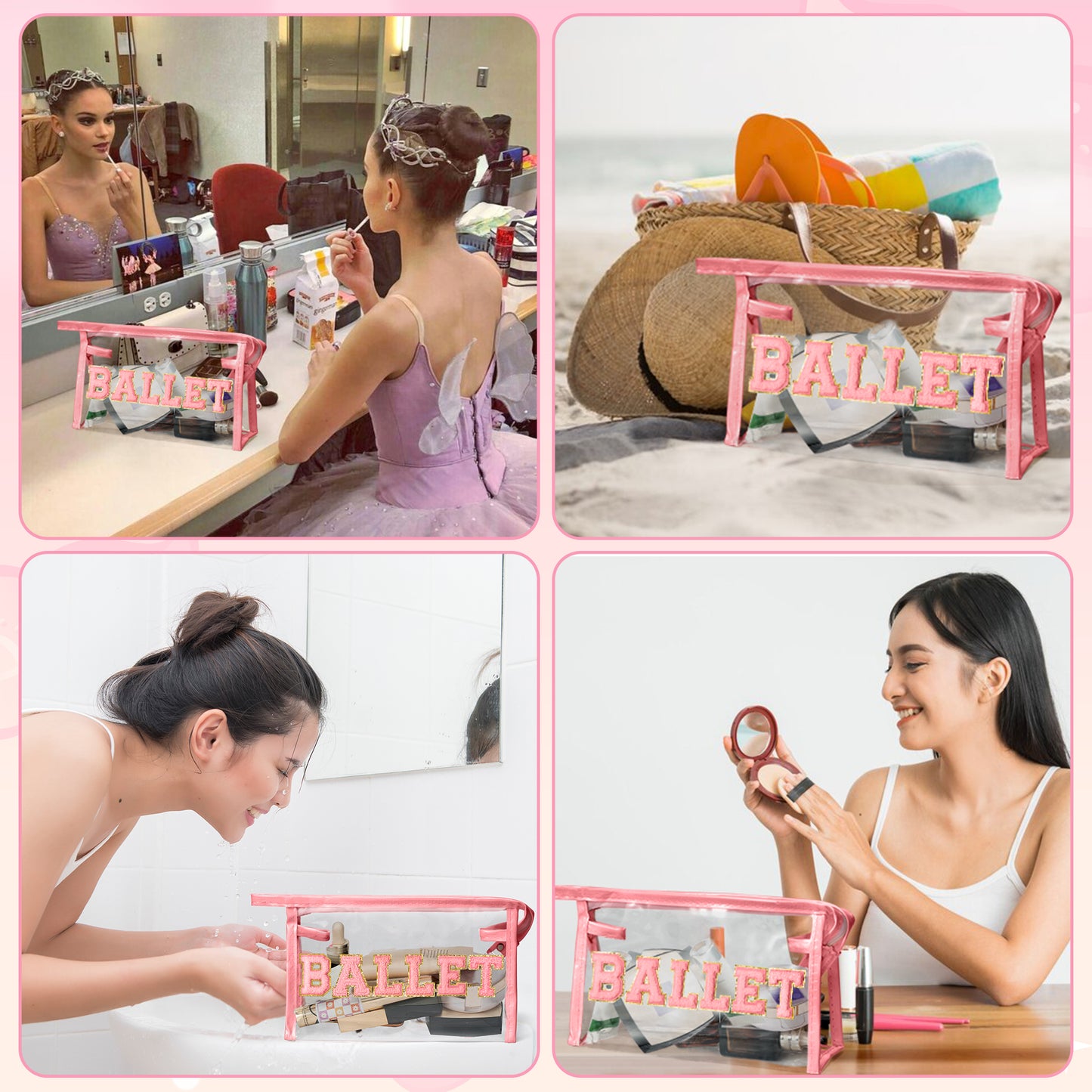 Y1tvei Clear BALLET Makeup Bag - Preppy Pink BALLET Chenille Varsity Letter Patch Cosmetic Bag Large Transparent Waterproof Ballerina Makeup Pouch Dance Recital Travel Toiletry Bag for Dancer(Pink)