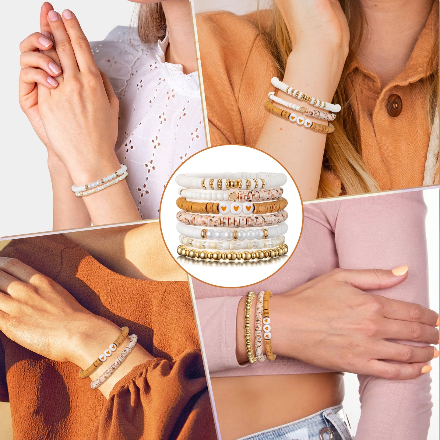 Y1tvei Brown Bracelets for Women - 7Pcs Brown White Spot Clay Bead Surfer Bracelet Set Gold Plated Bead Stackable Stretch Bracelet Layering Summer Beach Jewelry Friendship Bracelet Gift for Women Girl