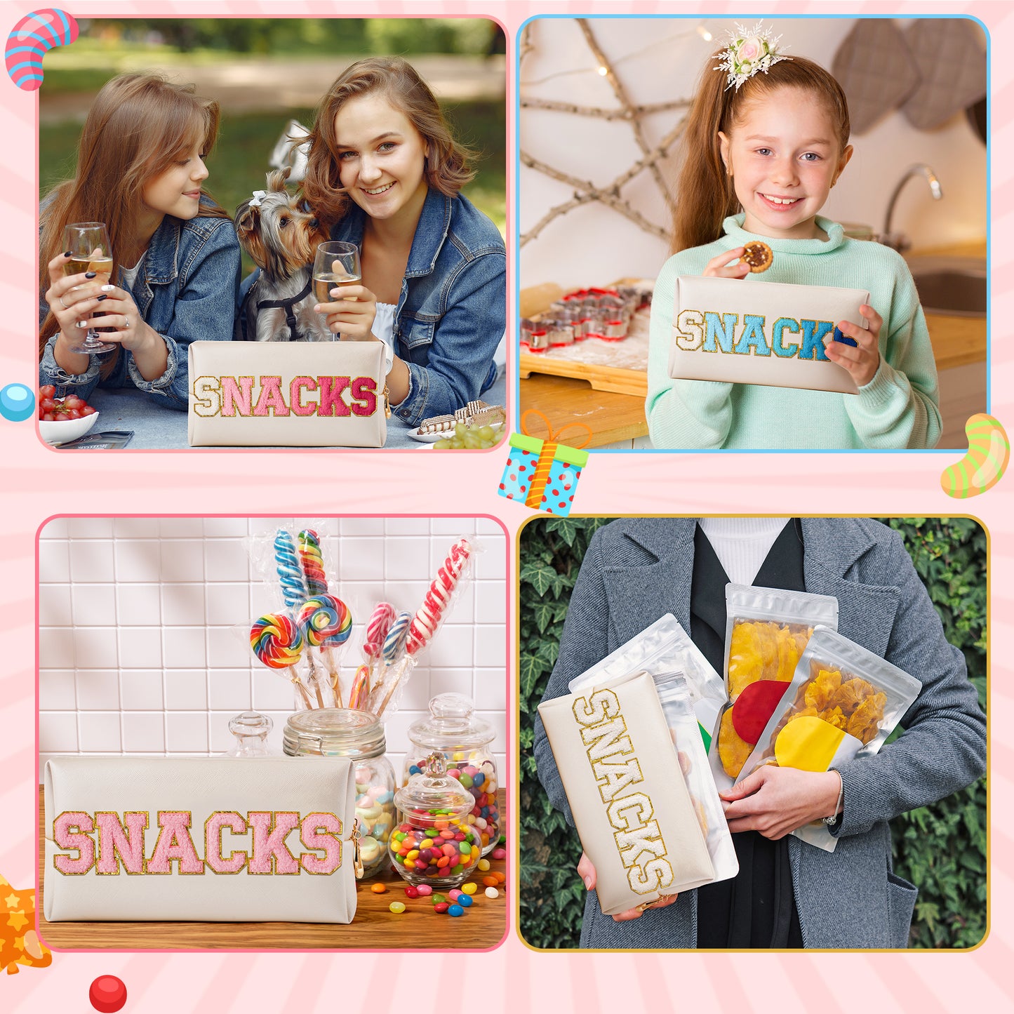 Y1tvei Large SNACKS Cosmetic Bag - Preppy Pink Snacks Chenille Varsity Letter Makeup Bag, PU Leather Waterproof Toiletry Bag Zipper Pouch for Purse Travel Cosmetic Organizer Gift for Women(Shell Gold)