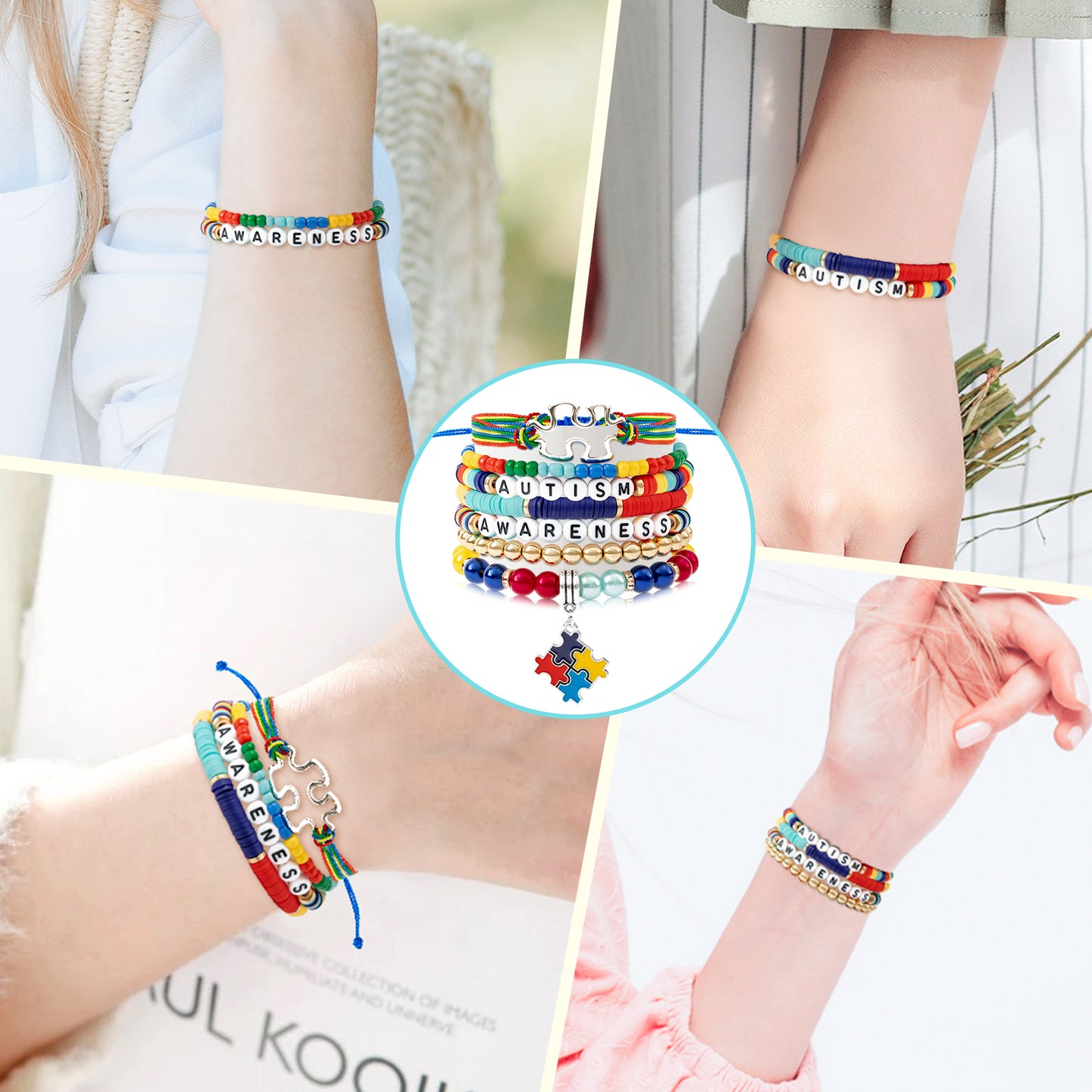Y1tvei Autism Awareness Clay Bead Bracelets - 7Pcs Autism Awareness Colorful Clay Bead Surfer Bracelet Autism Puzzle Piece Bracelet String Layering Stackable Stretch Bracelet Autism Gift for Women Kid