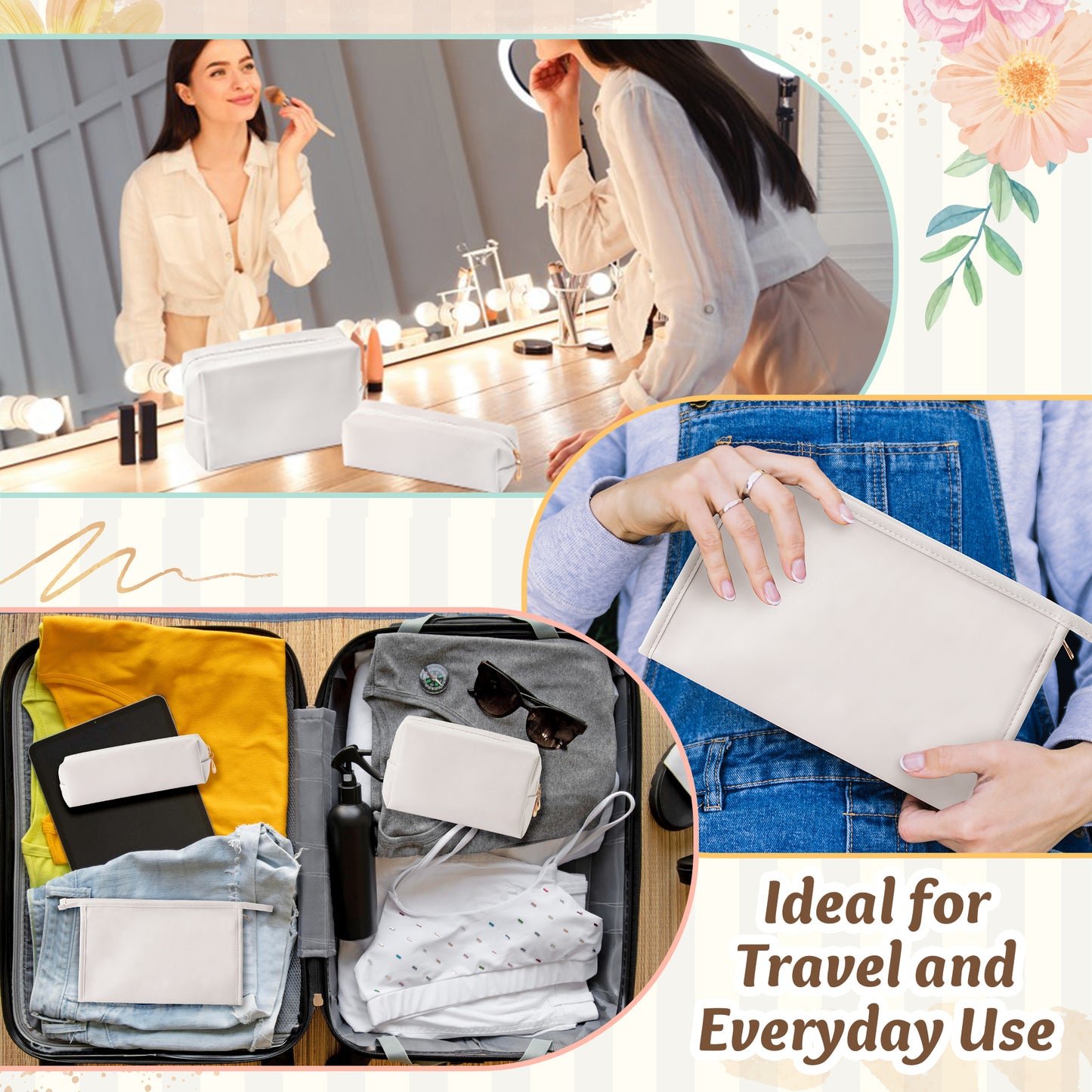 Y1tvei Makeup Bag for Women - 3Pcs Minimalist PU Leather Makeup Bag Set, Large Cosmetic Pouch with Zipper for Purse, Travel Makeup Brush Holder, Waterproof Portable Cosmetic Toiletry Organizer(White)