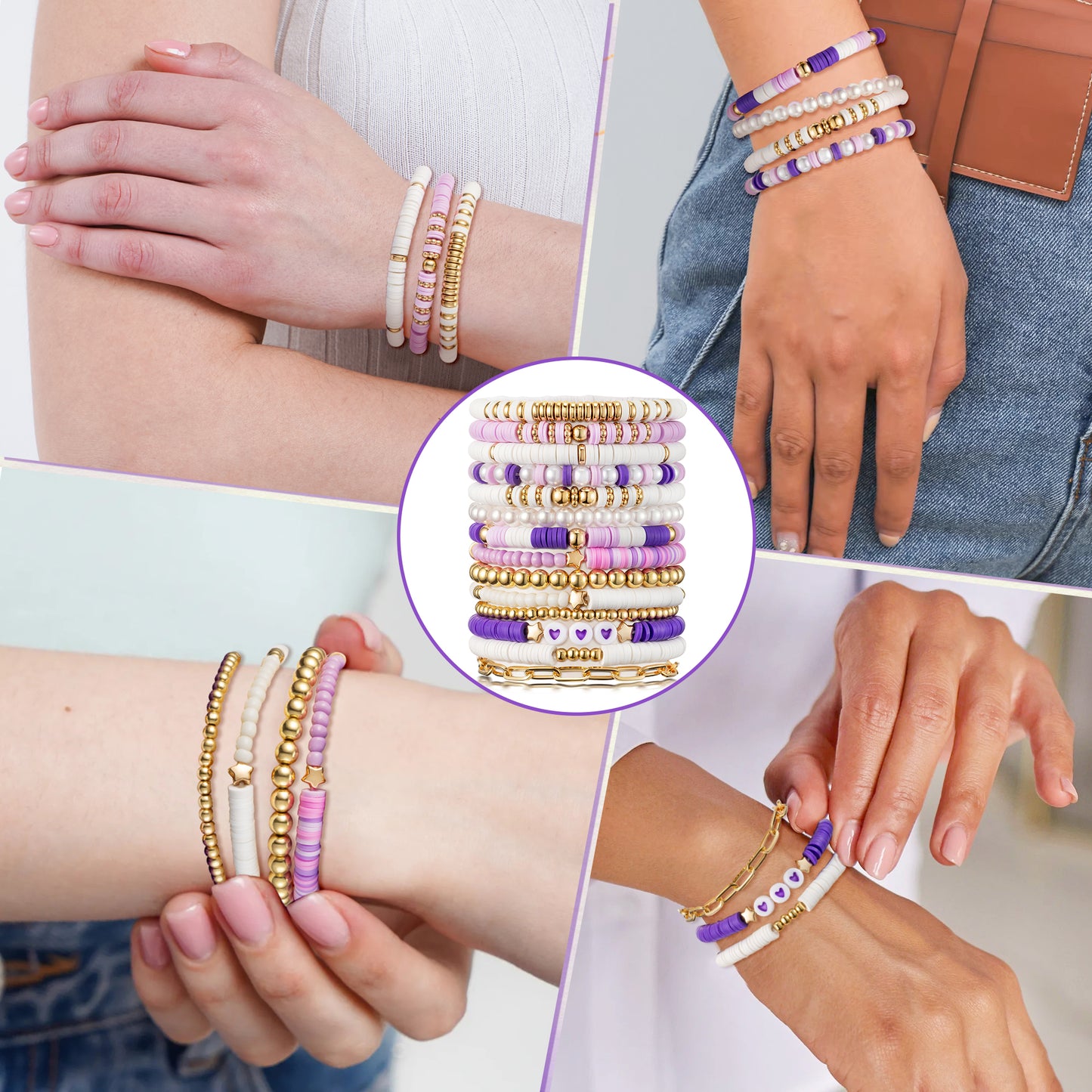 Y1tvei Purple White Bead Bracelets - 14Pcs Purple White Clay Bead Surfer Bracelet Set Stackable Gold Plated Bead Stretch Bracelet Layering Summer Beach Jewelry Friendship Bracelet Gift for Women Girls