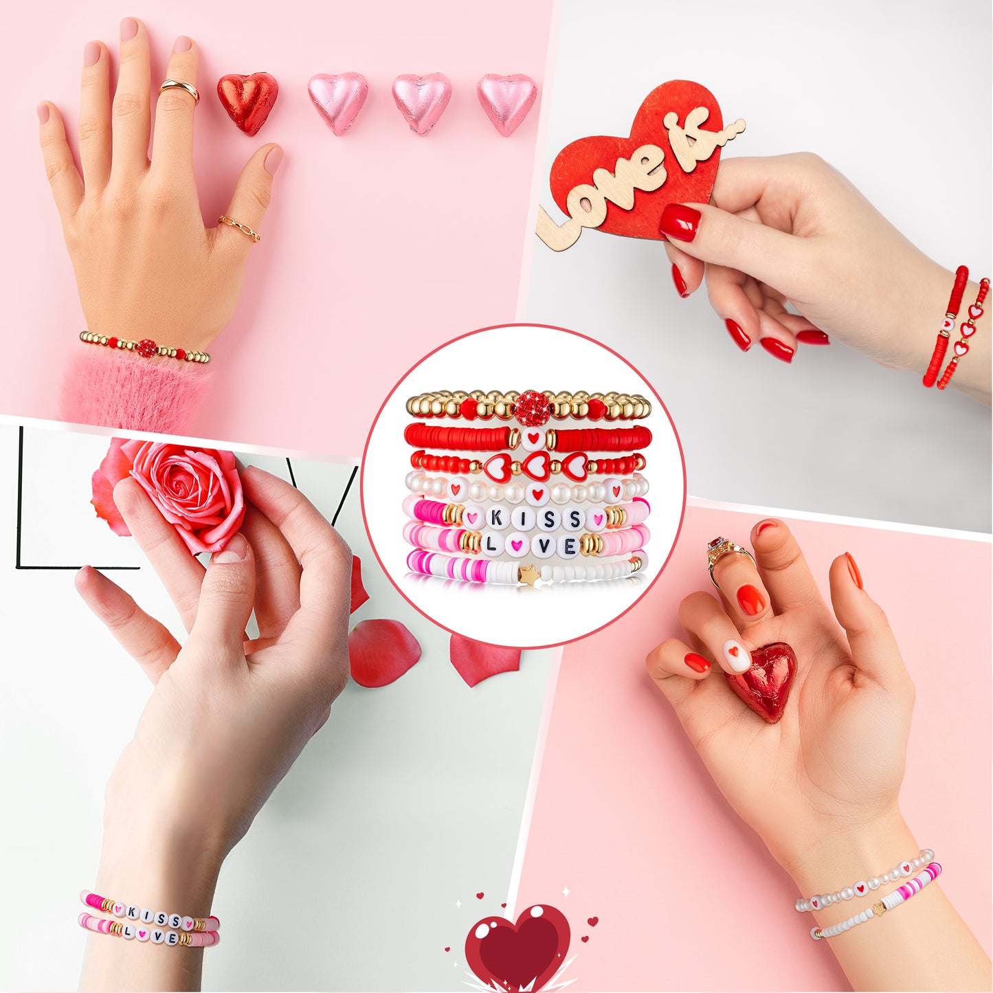 Y1tvei Valentine's Day Bracelet for Women - 7Pcs Pink Red Clay Bead Surfer Bracelet Set Love Heart Gold Plated Bead Stackable Stretch Bracelet Layering Jewelry Friendship Bracelet Gift for Women Lover