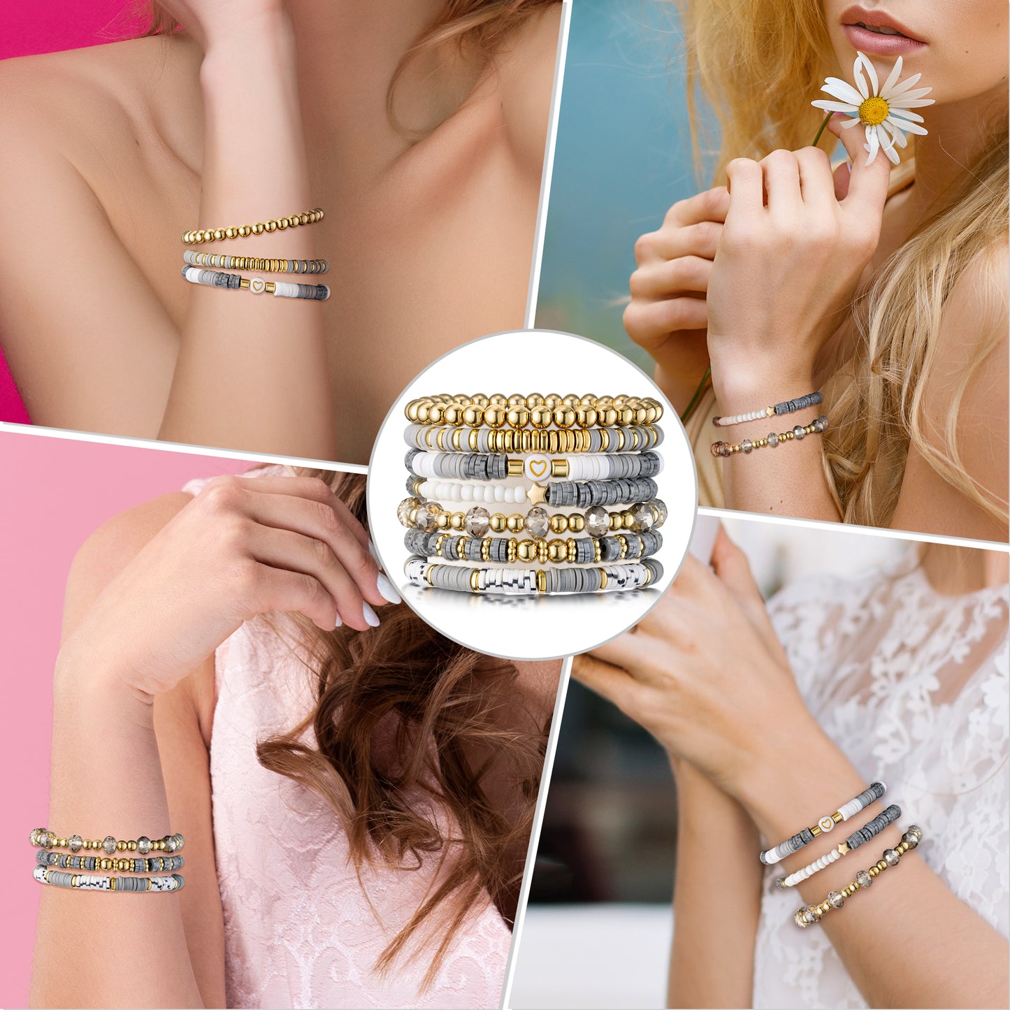 Y1tvei Gray Clay Bead Bracelets - 7Pcs Gray White Clay Bead Surfer Bracelet Set Gold Plated Bead Stackable Stretch Bracelet Layering Summer Beach Jewelry Friendship Bracelet Gift for Women Teen Girls